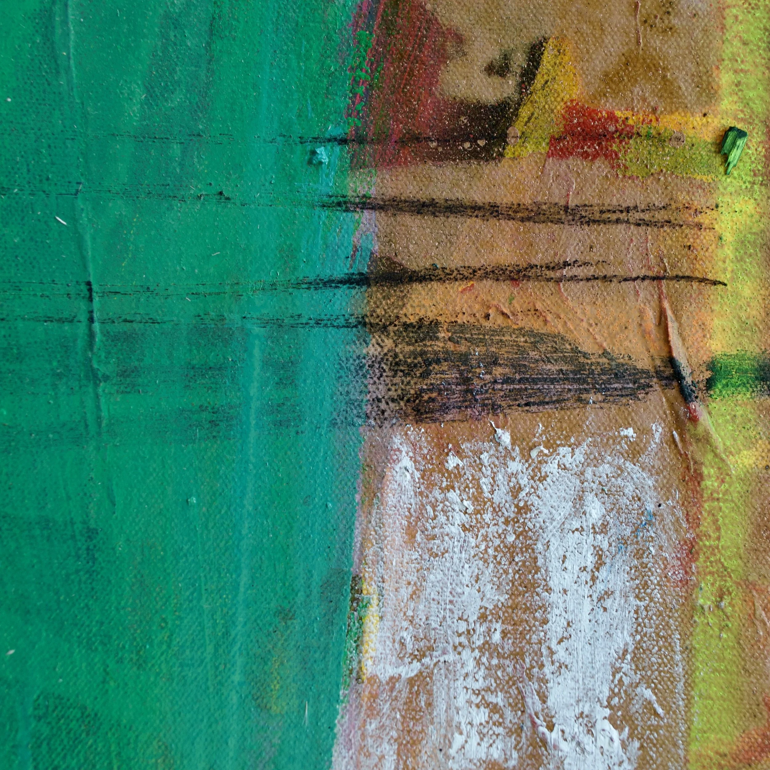 Abstract painting ‘Petrichor’—textured bands of ochre, forest green, and muted teal, copper, reminiscent of native Australian flora