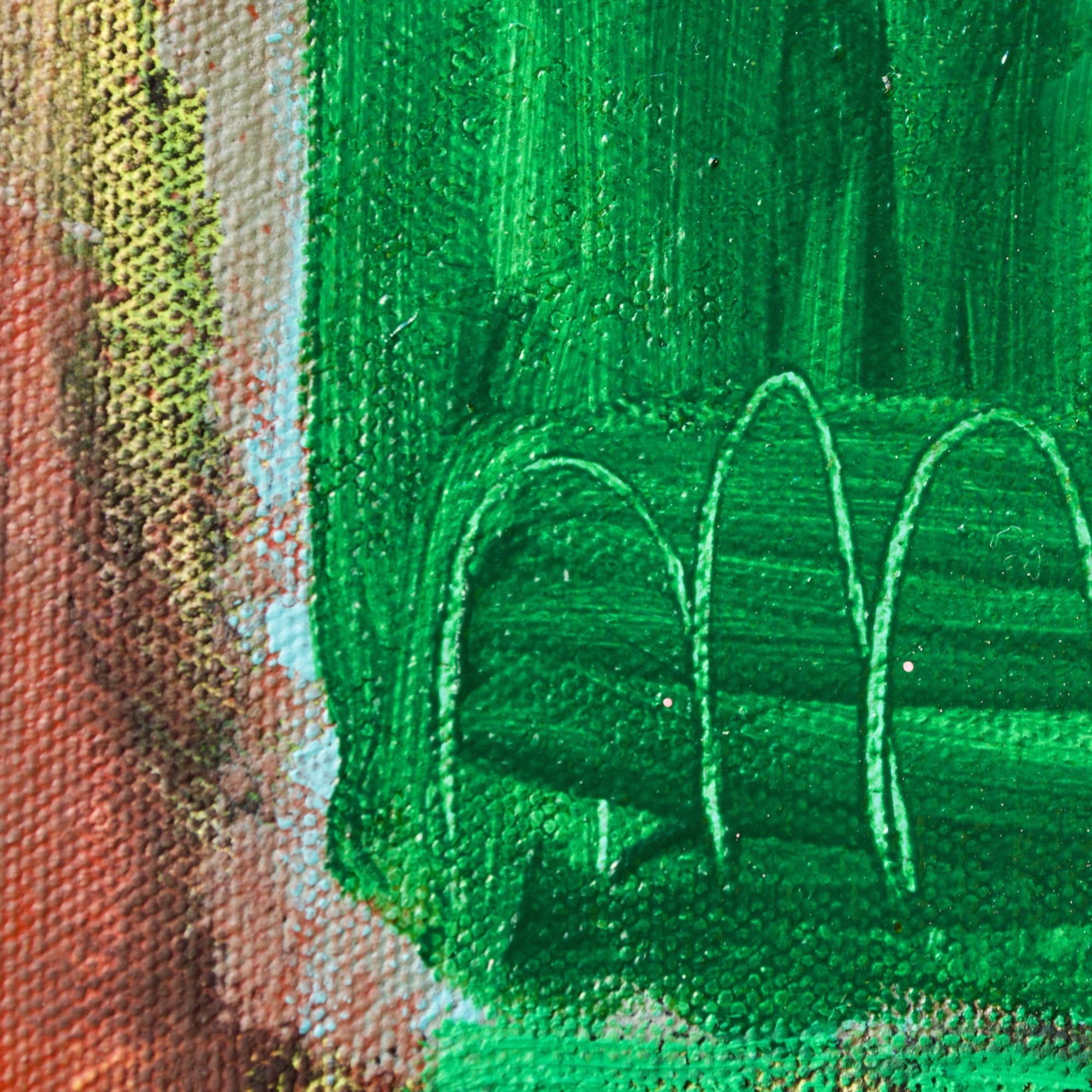 bstract painting by David Spencer. Colourful blocks within a formal composition. Texture and layering.