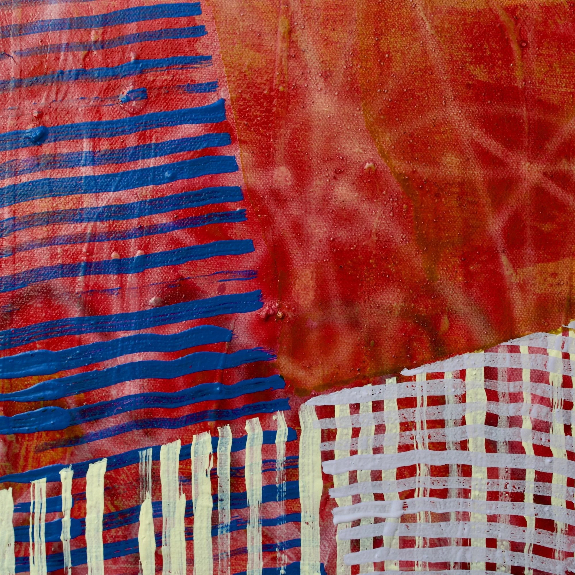 Abstract painting titled "Betwixt" featuring geometric diagonal sections in coral pink, cobalt blue, cream, mustard yellow, and dusty rose with a woven, textile-like brushstroke pattern.