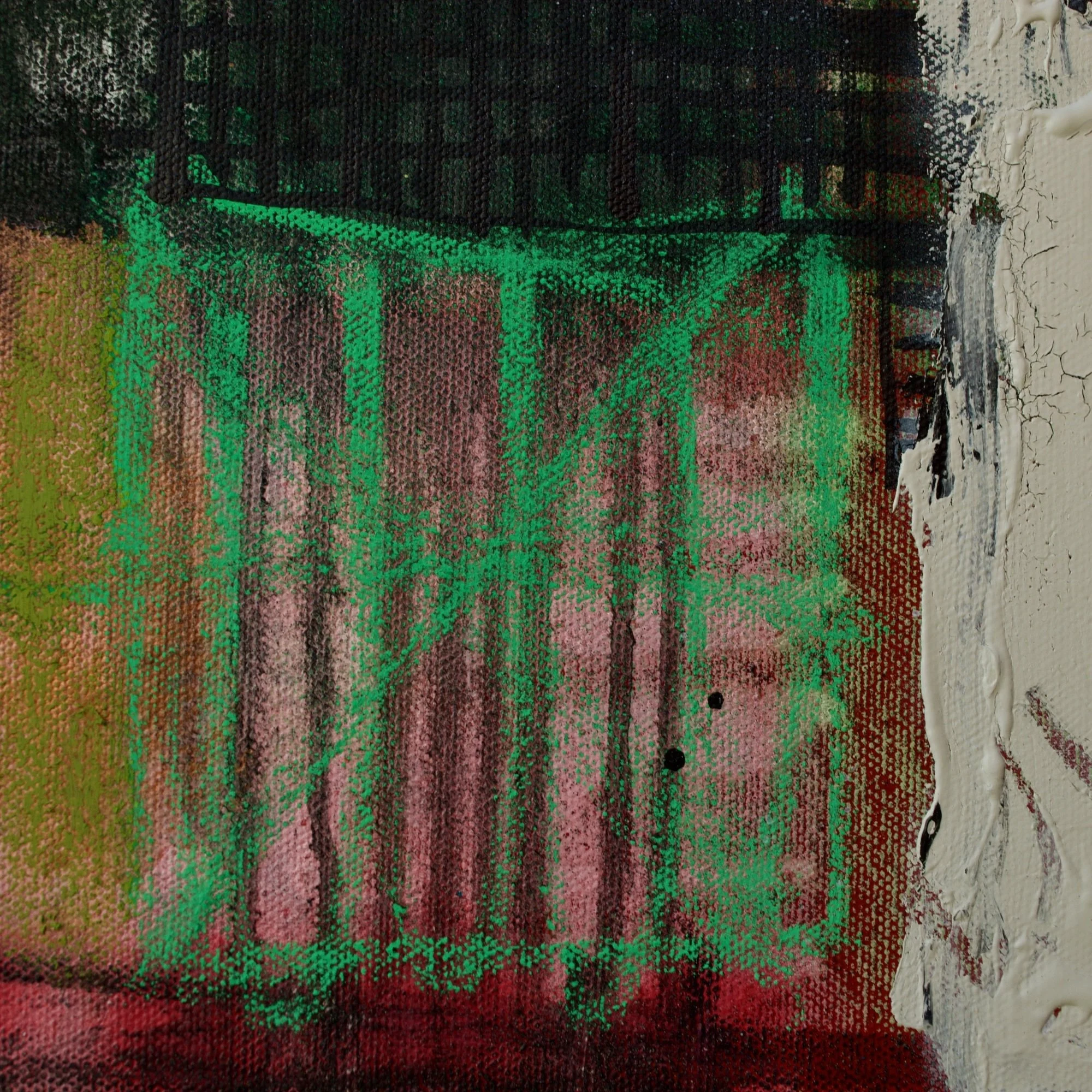 Abstract painting by David Spencer. Colourful blocks within a formal composition. Texture and layering.