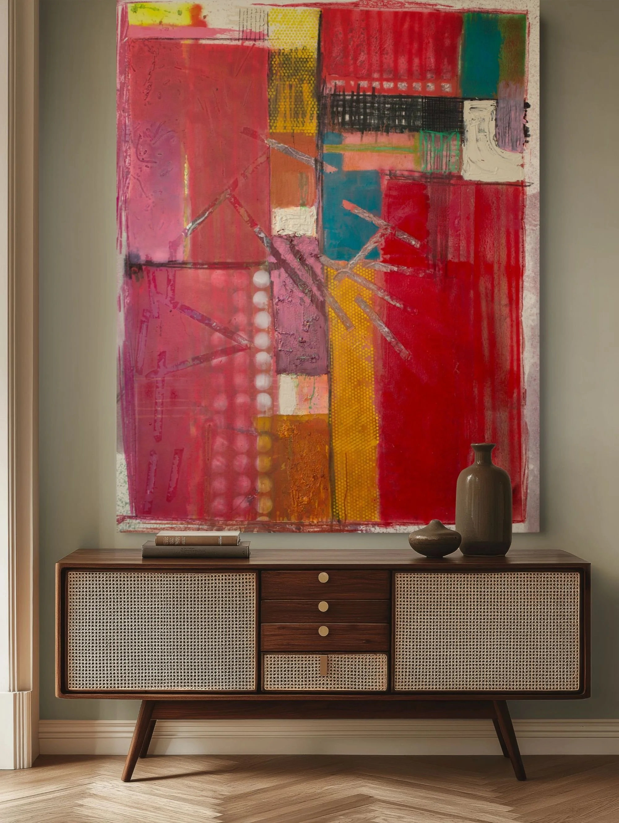 Abstract painting by David Spencer. Colourful blocks within a formal composition. Texture and layering.