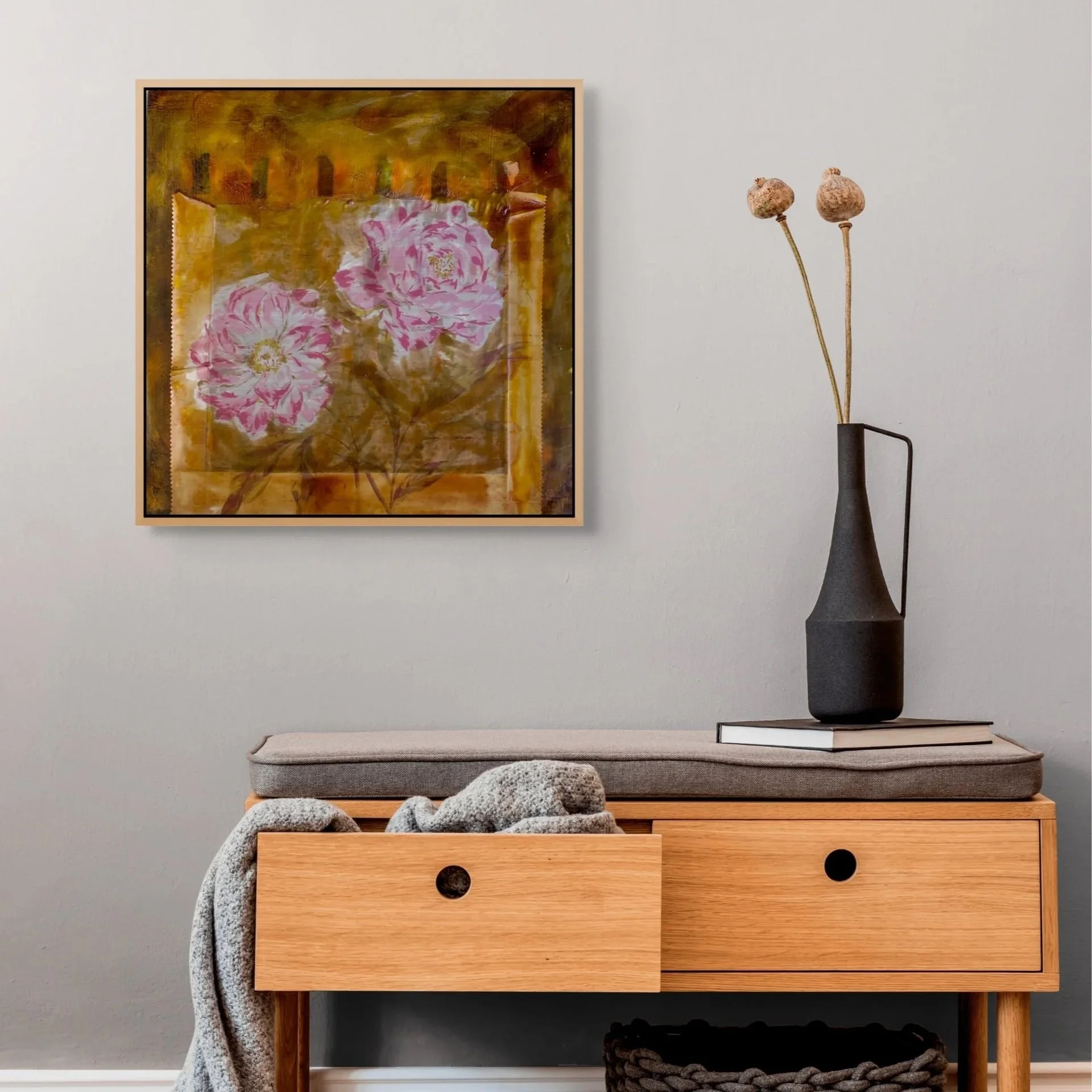 Abstract painting ‘Giving Flowers — sunlit warmth in layered mustard and copper tones, with light-infused texture and silk swatch.