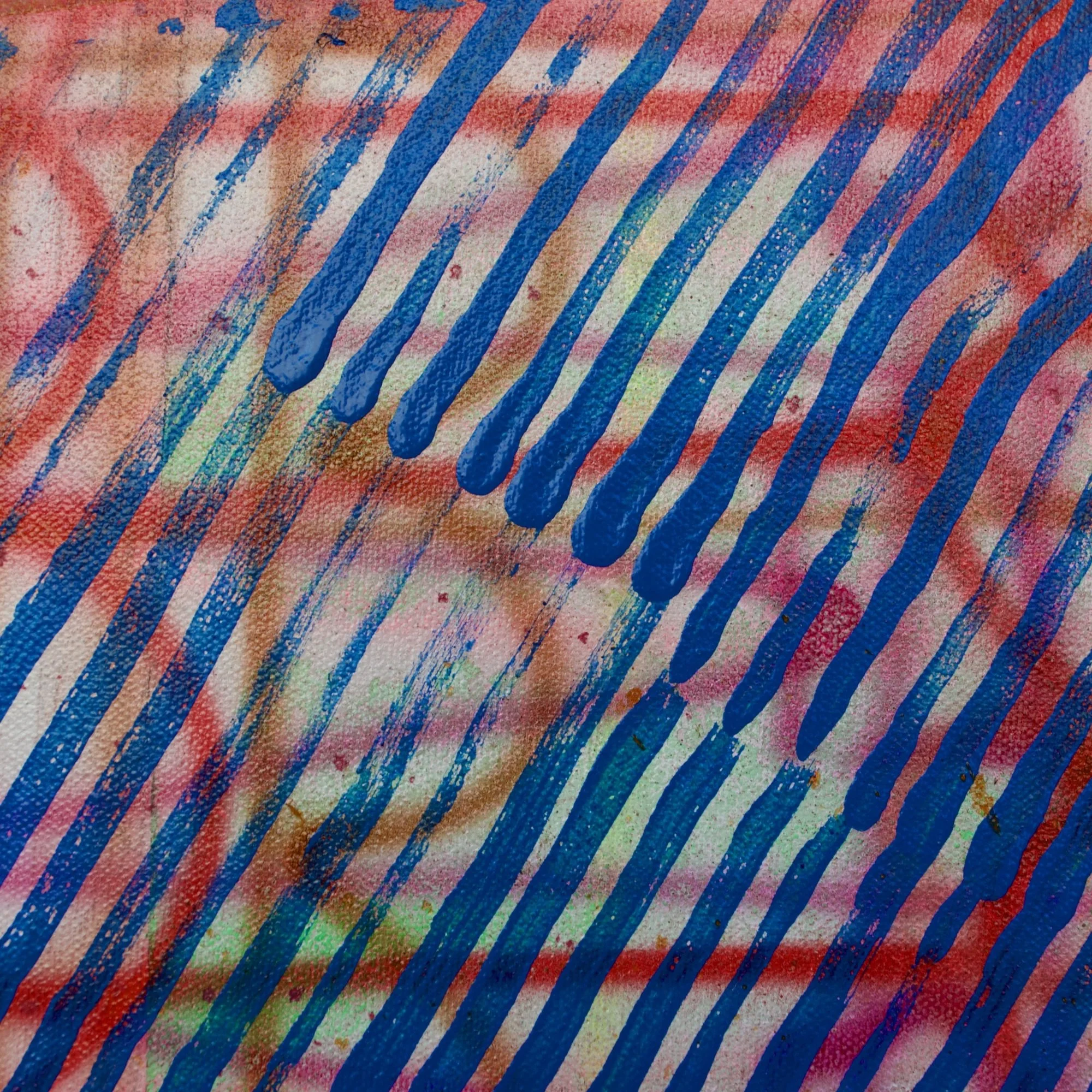 Abstract painting titled "Betwixt" featuring geometric diagonal sections in coral pink, cobalt blue, cream, mustard yellow, and dusty rose with a woven, textile-like brushstroke pattern.
