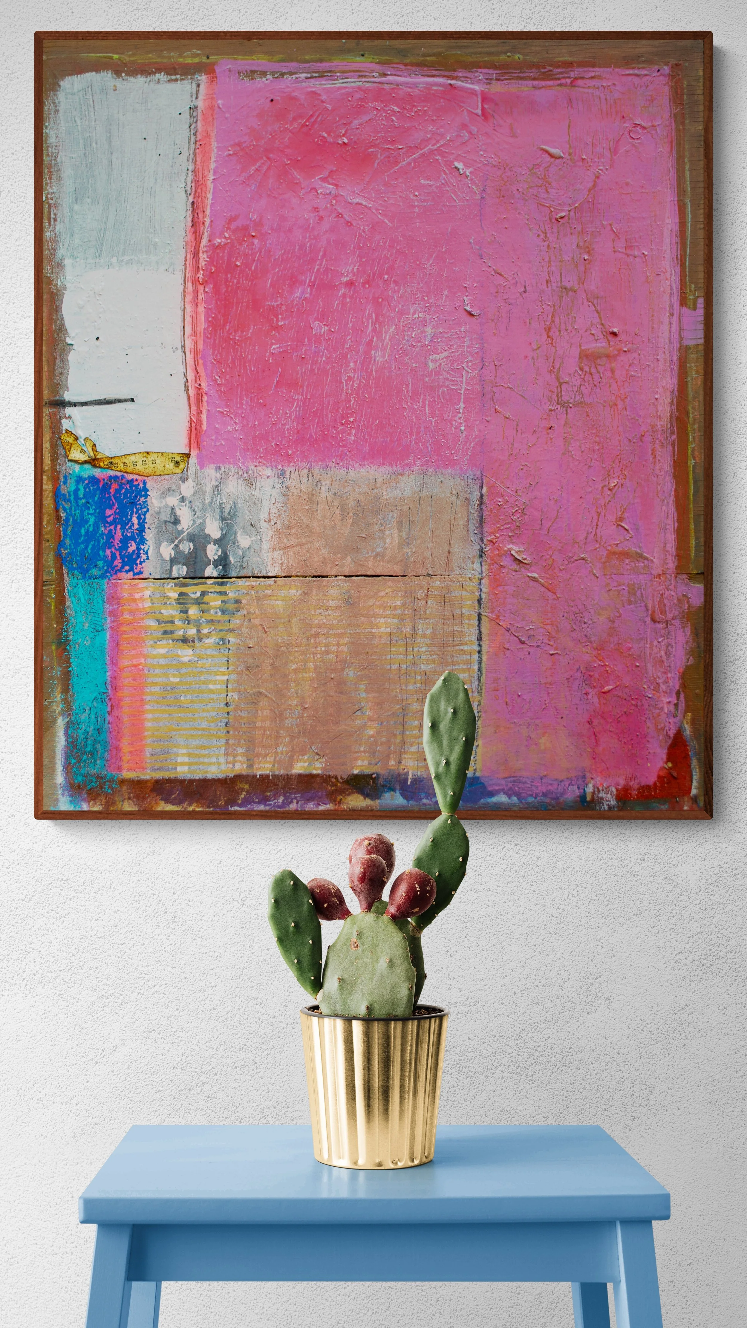 Abstract painting ‘Pink Lake’—soft gradations of coral pink and pale blush layered with muted whites, evoking the reflective surface of a salt lake