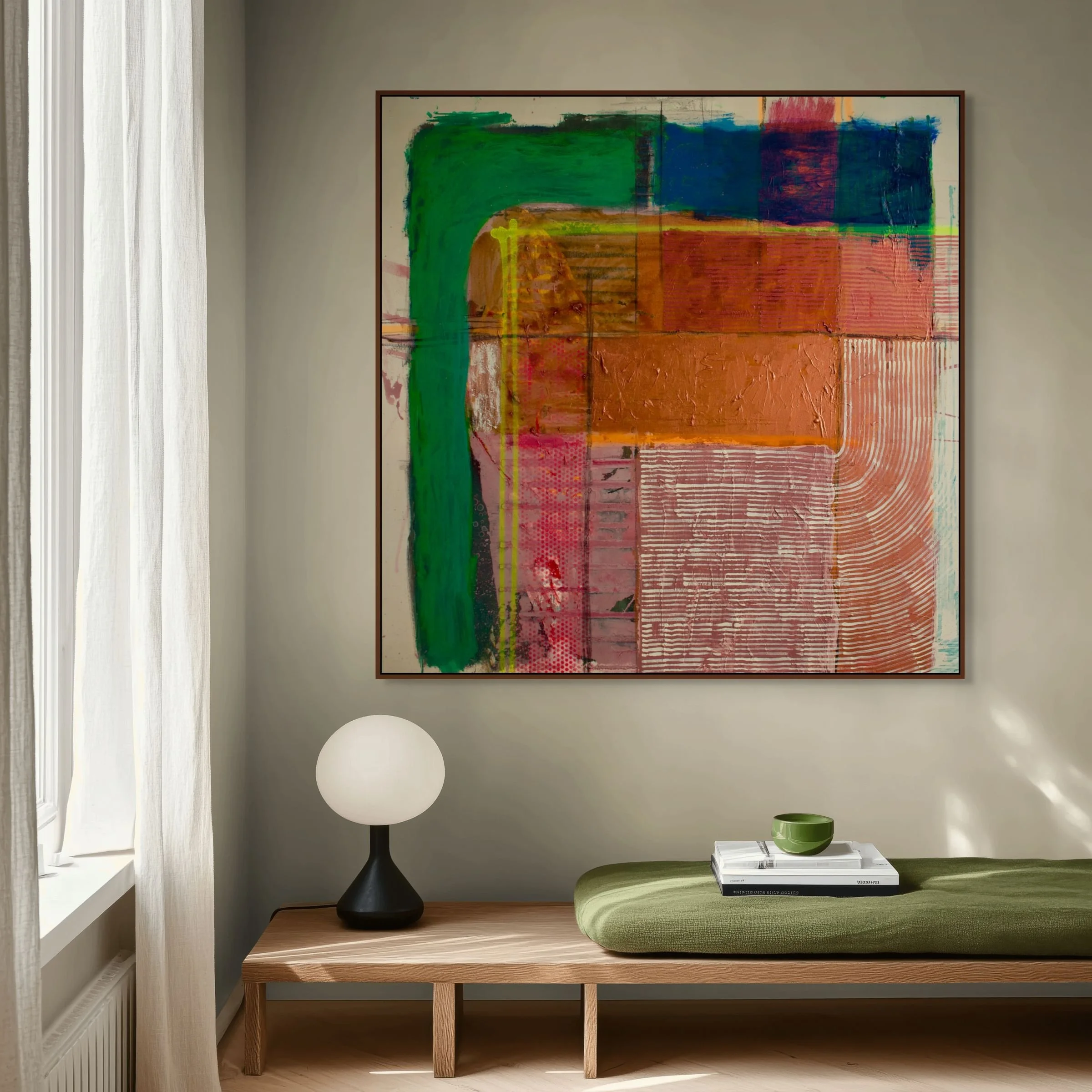 Abstract painting ‘Petrichor’—textured bands of ochre, forest green, and muted teal, copper, reminiscent of native Australian flora