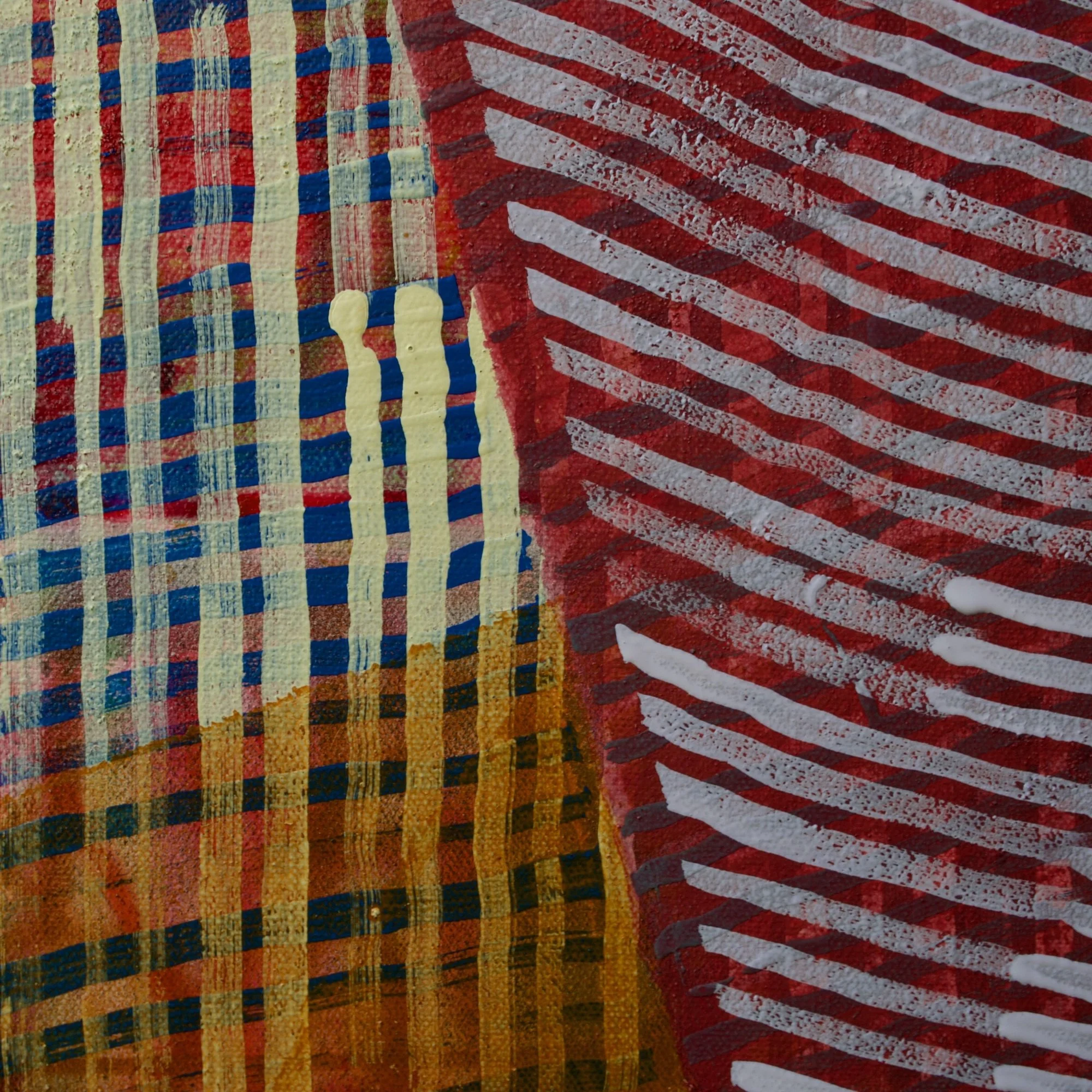 Abstract painting titled "Betwixt" featuring geometric diagonal sections in coral pink, cobalt blue, cream, mustard yellow, and dusty rose with a woven, textile-like brushstroke pattern.