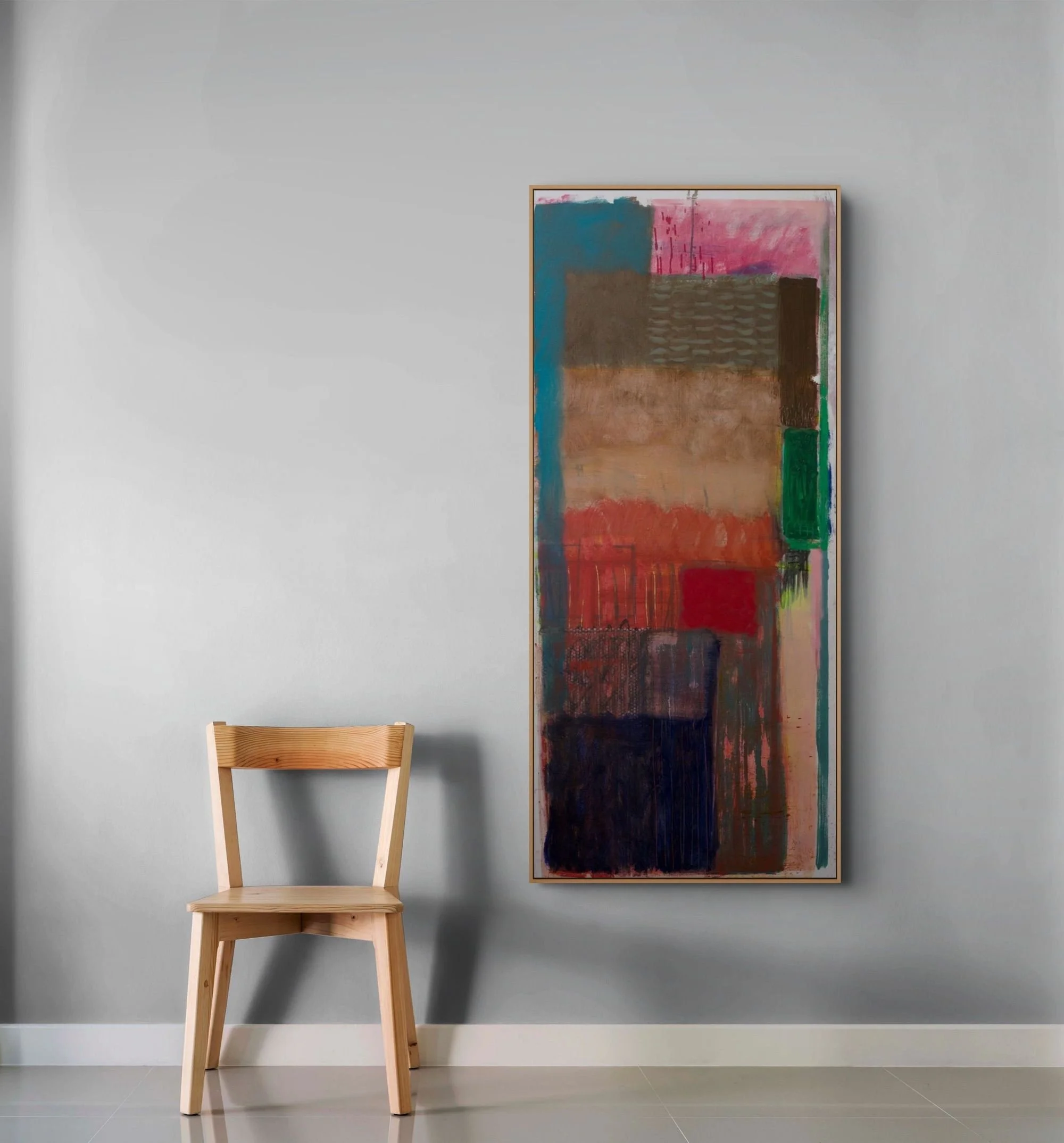 bstract painting by David Spencer. Colourful blocks within a formal composition. Texture and layering.