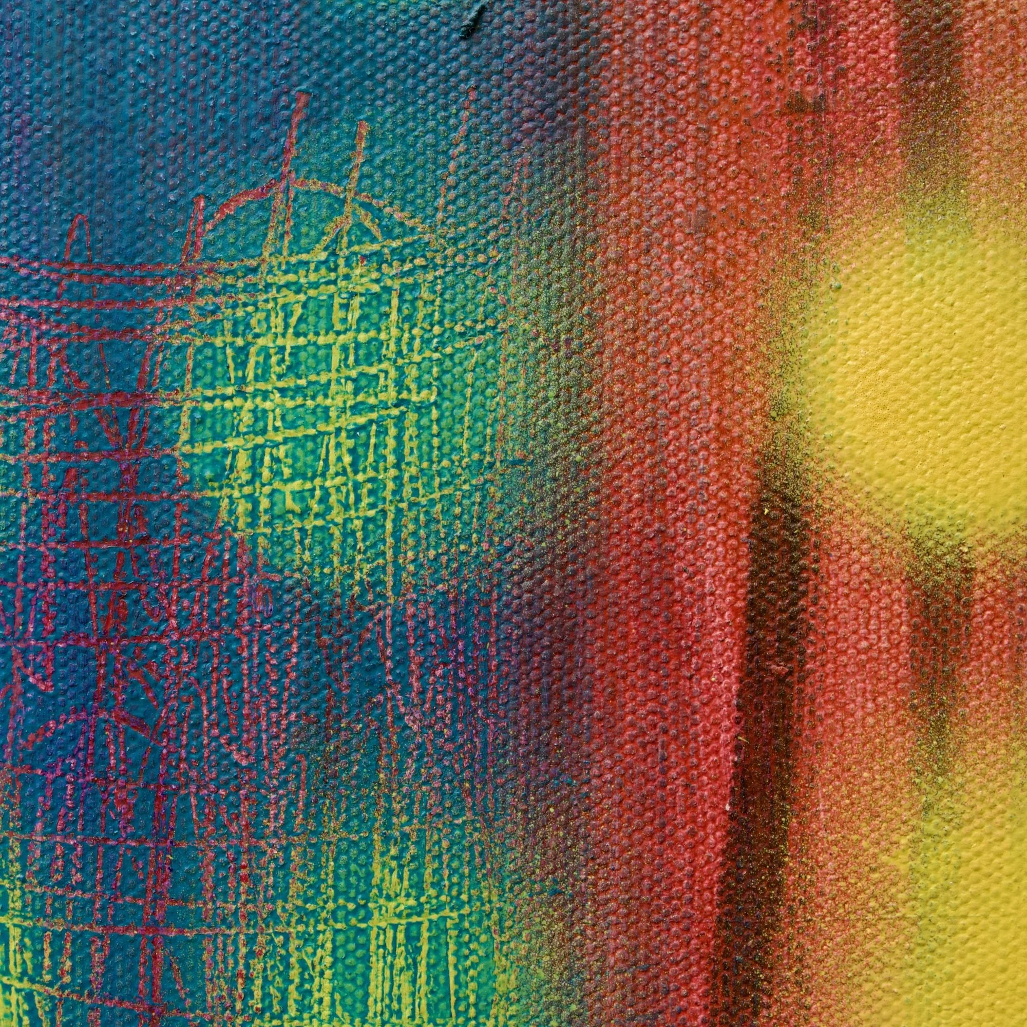 Abstract painting by David Spencer. Heavy coloured blocks in a formal composition. With layering and texture.