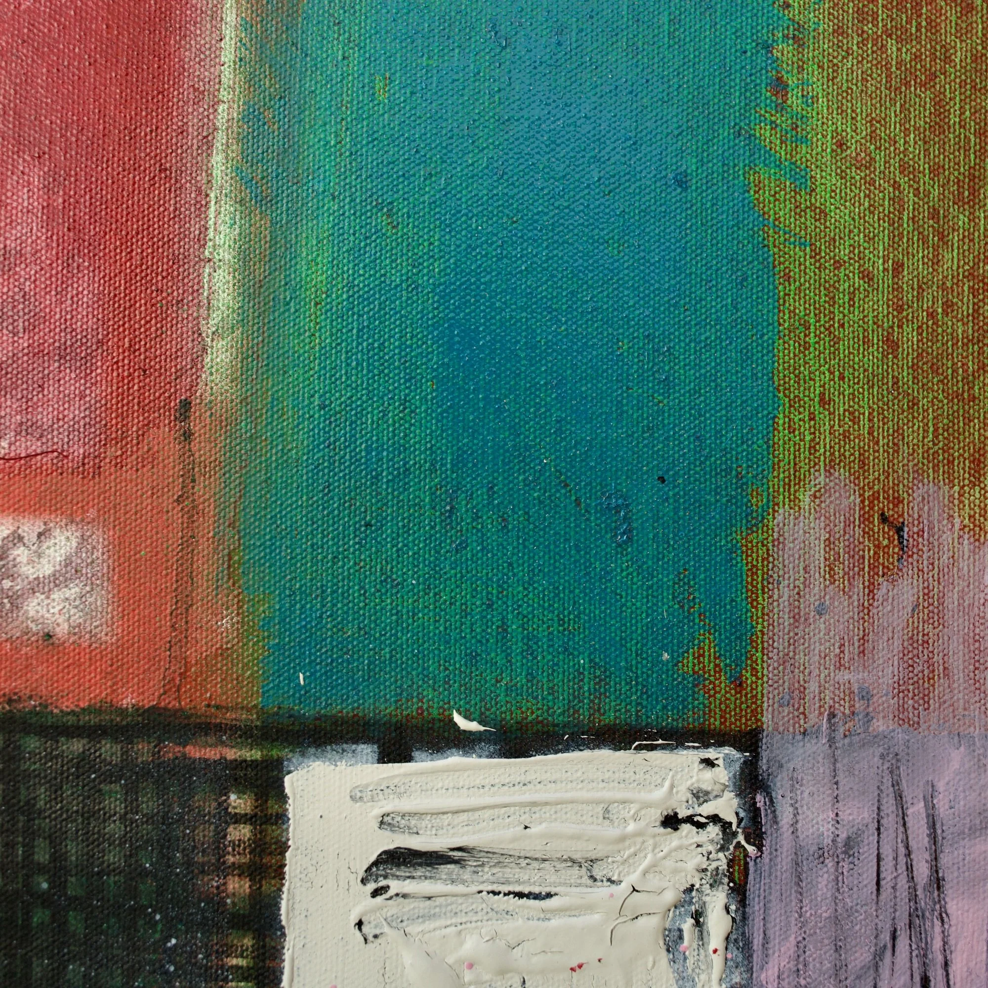 Abstract painting by David Spencer. Colourful blocks within a formal composition. Texture and layering.