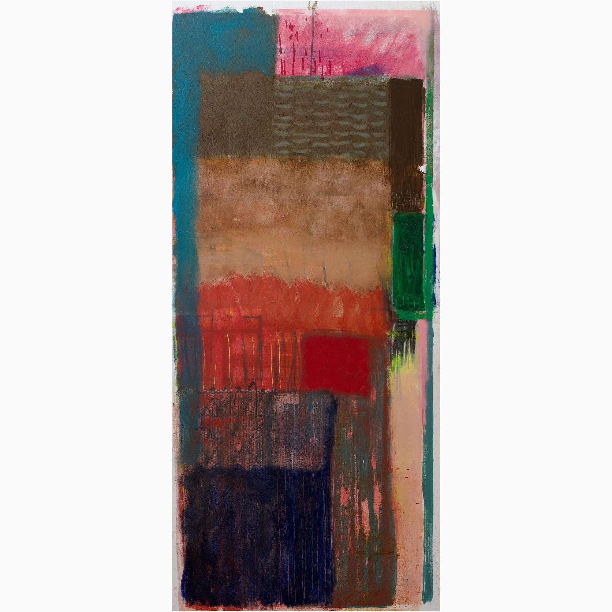 bstract painting by David Spencer. Colourful blocks within a formal composition. Texture and layering.