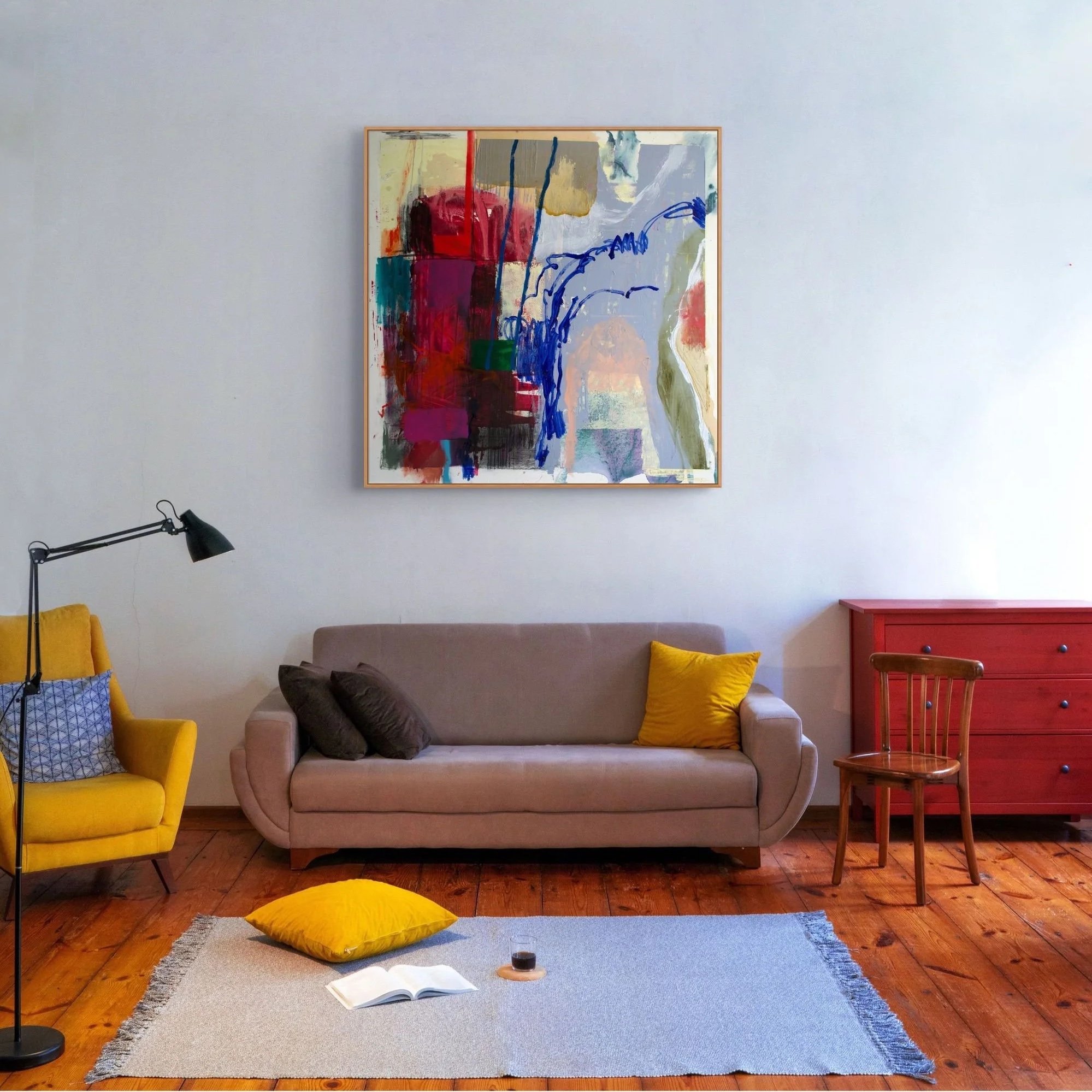 Abstract painting by David Spencer. Colourful blocks within a formal composition. Texture and layering.