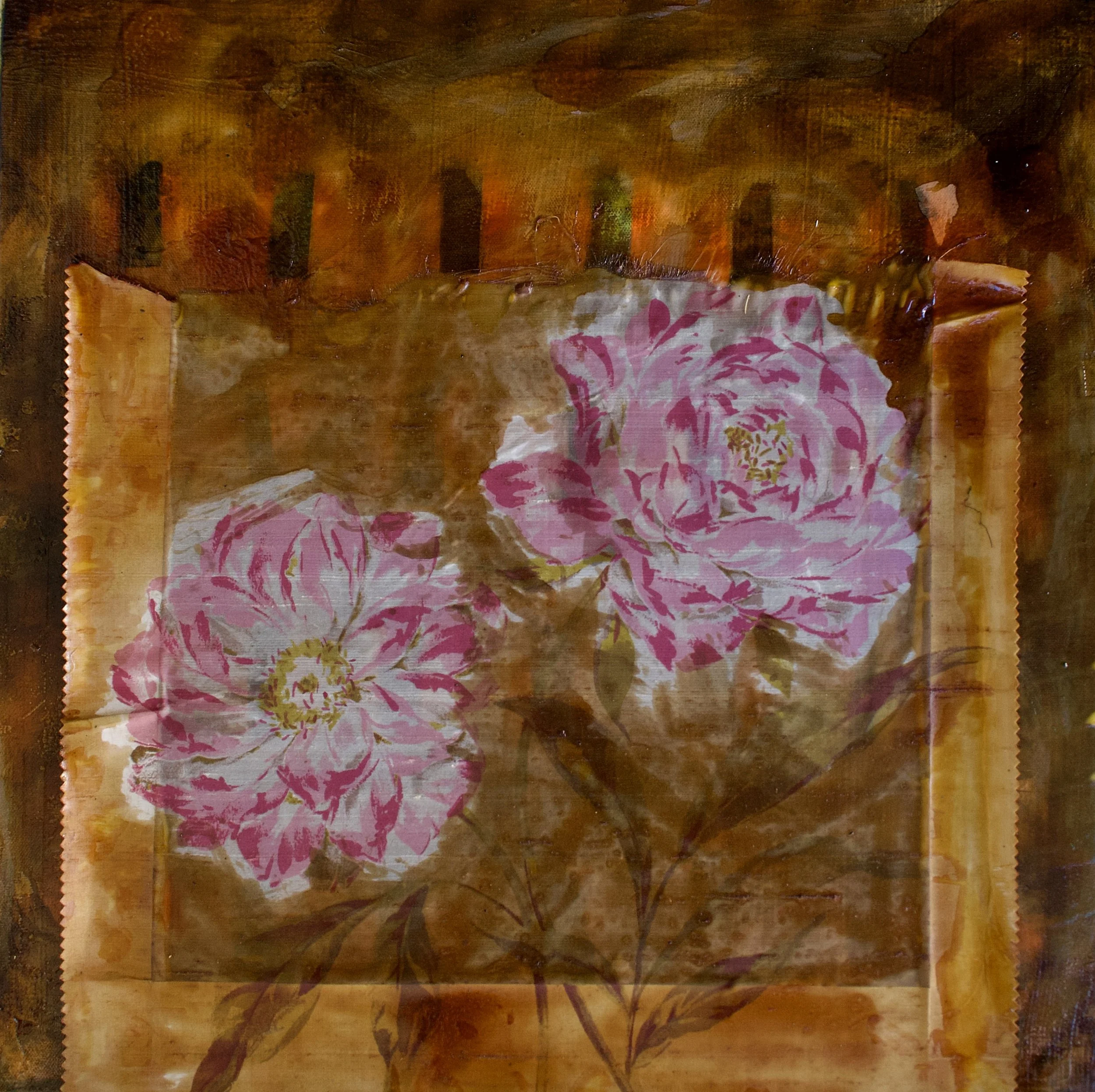 Abstract painting ‘Giving Flowers — sunlit warmth in layered mustard and copper tones, with light-infused texture and silk swatch.