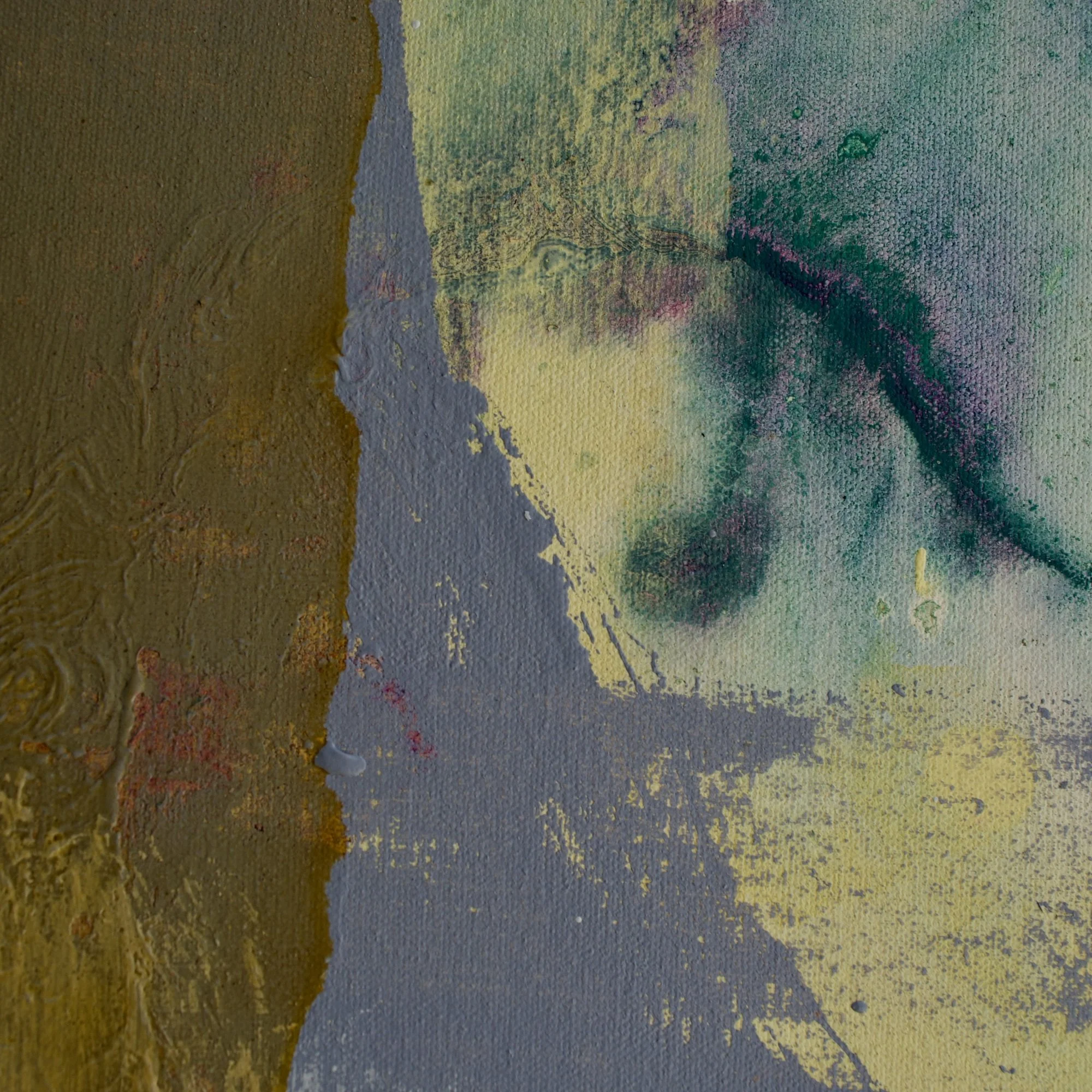 Abstract painting by David Spencer. Colourful blocks within a formal composition. Texture and layering.