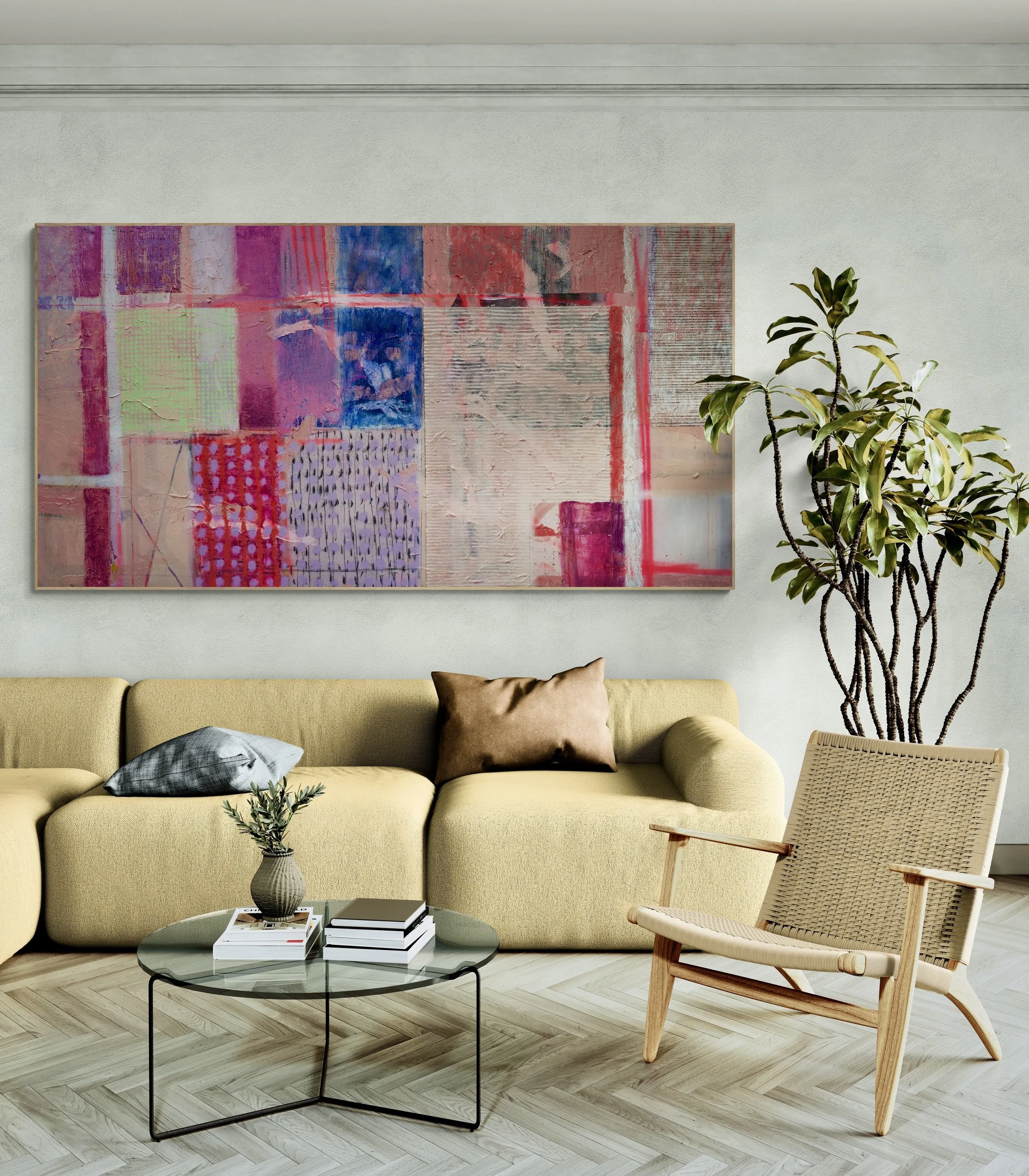 Abstract painting ‘All the parts of me —sunlit warmth in layered mustard and cream tones, with light-infused texture and glowing pinks