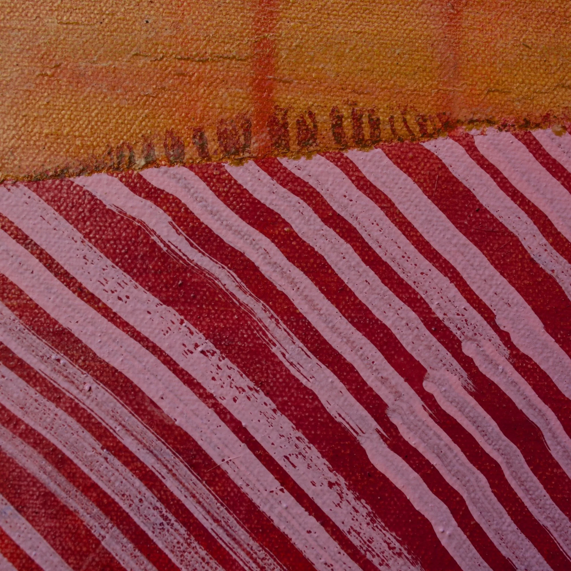 Abstract painting titled "Betwixt" featuring geometric diagonal sections in coral pink, cobalt blue, cream, mustard yellow, and dusty rose with a woven, textile-like brushstroke pattern.