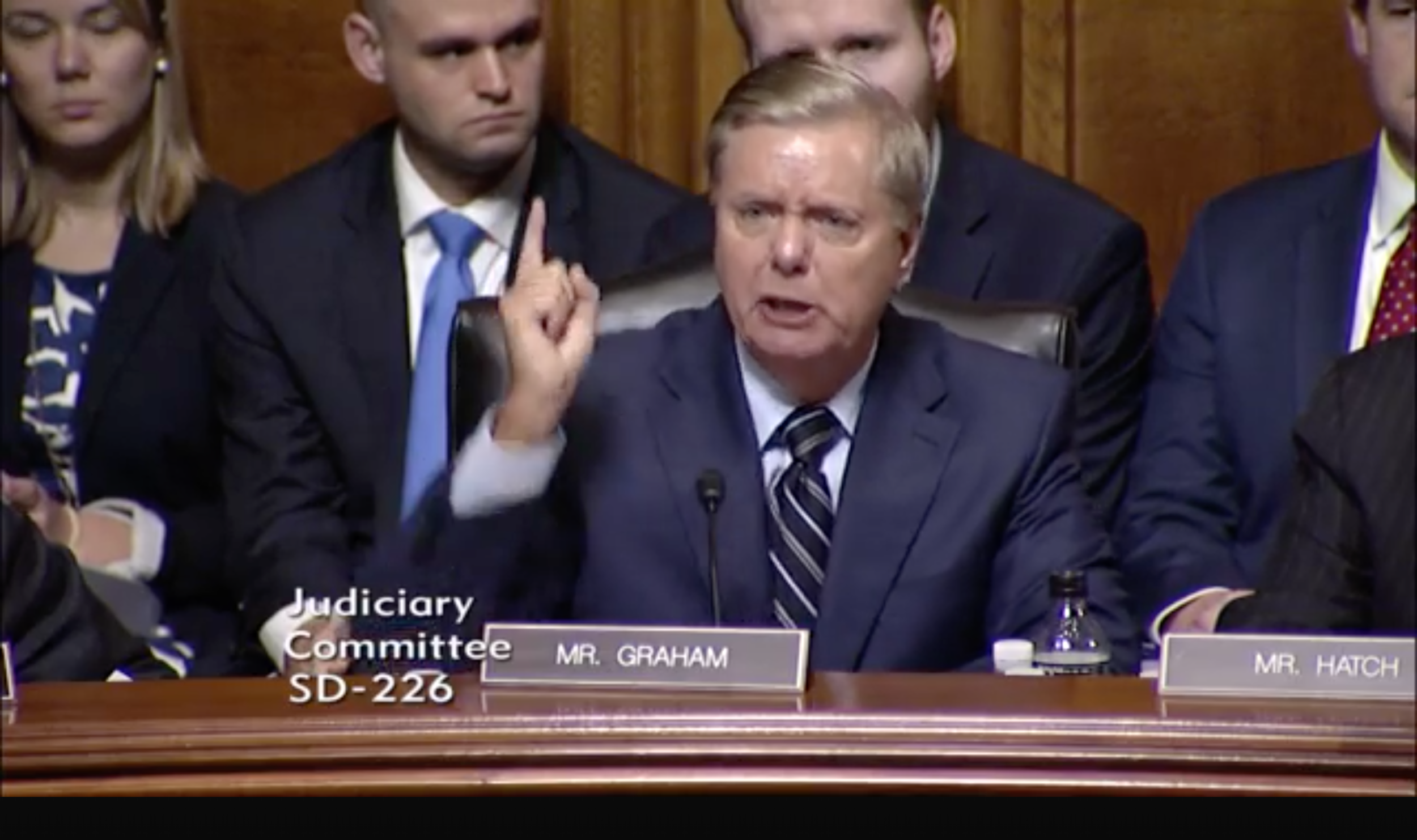 Still frame capture from video of Senator Lindsey Graham (R-S.C.) during this week’s Kavanaugh nomination hearing. Source: “Nomination of the Honorable Brett M. Kavanaugh to be an Associate Justice of the Supreme Court of the United States (Day 5),” September 27, 2018, https://www.judiciary.senate.gov/meetings/nomination-of-the-honorable-brett-m-kavanaugh-to-be-an-associate-justice-of-the-supreme-court-of-the-united-states-day-5