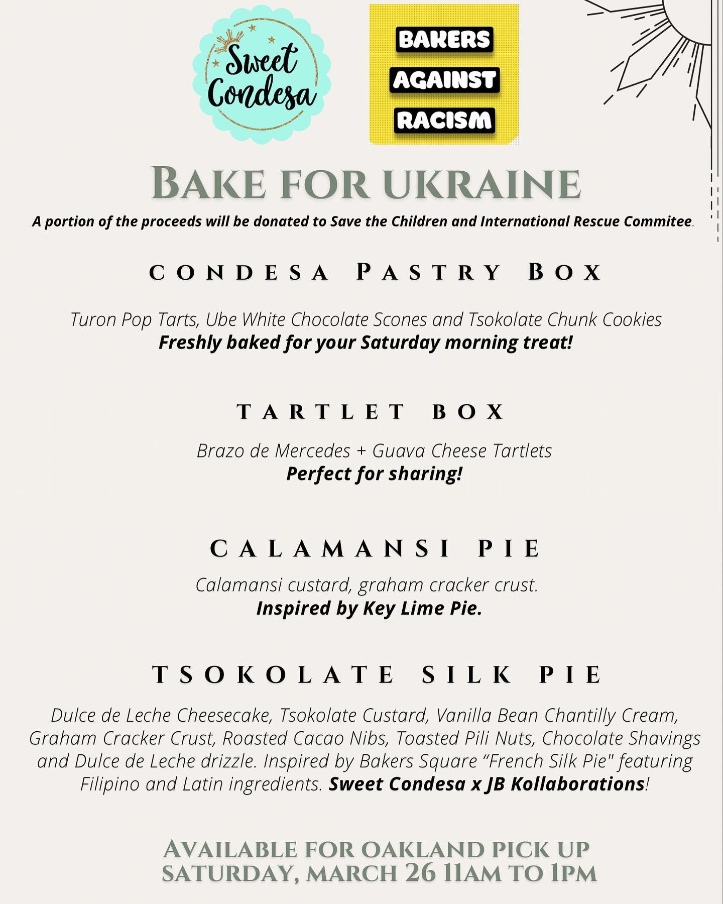 We are activating #bakersagainstracism in an Emergency Bake Sale #bakeforukraine. A portion of the proceeds will be donated to @savethechildren and @rescueorg. 

Preorder opens at noon today for 3/26 pickup in West Oakland. 

Thank you Chef Paola @sm