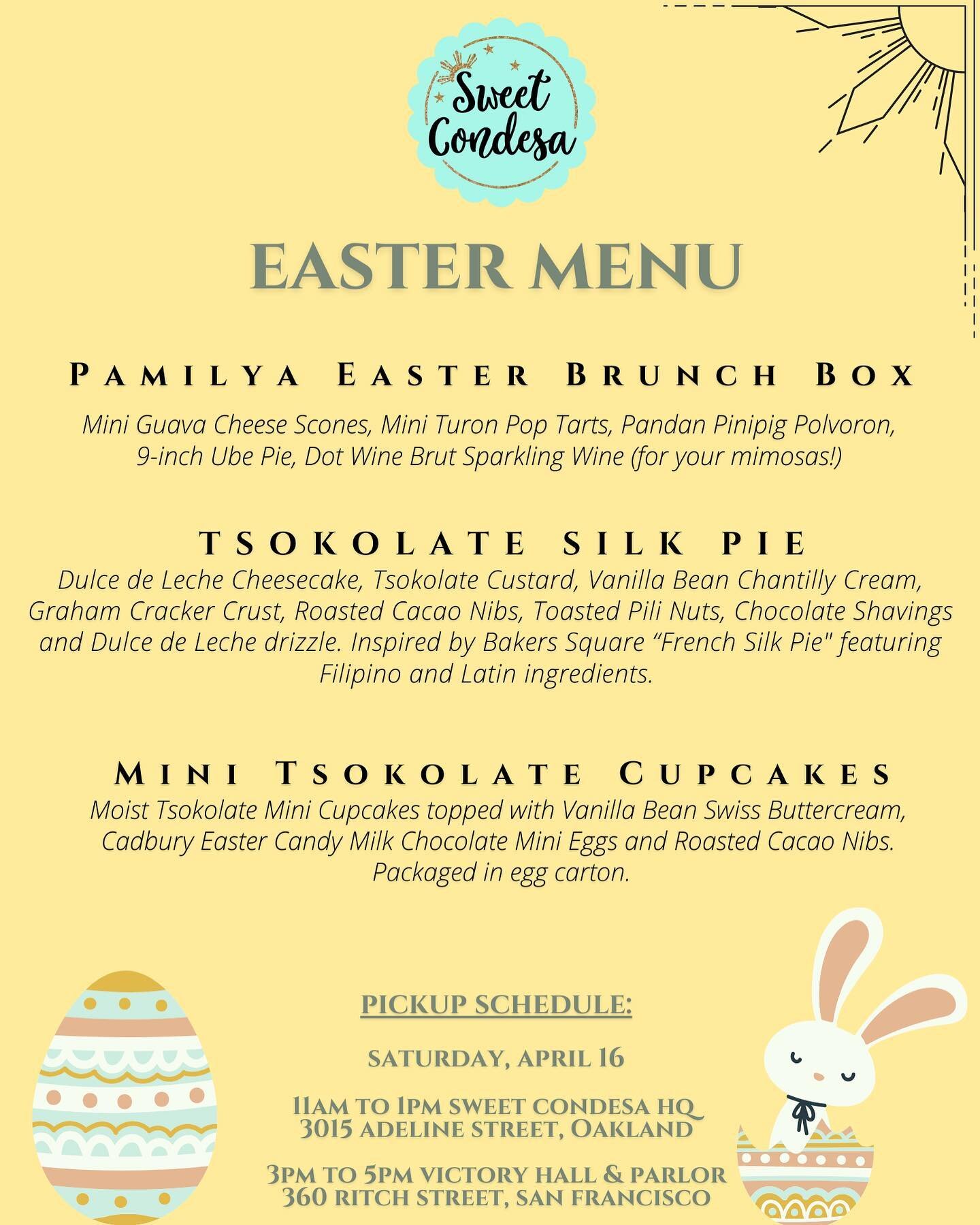 Just like that&hellip;it&rsquo;s April already! 🌸

Well, here is our Easter offerings for your family celebration. We&rsquo;re excited to create another curated box, the &ldquo;Pamilya Easter Brunch Box&rdquo; featuring our popular pastries plus a b