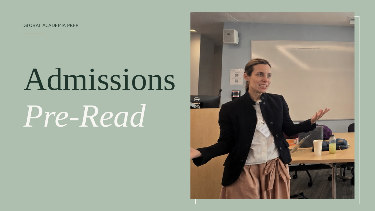 Admissions Pre-Read cover with Annabella Goshen presenting in a meeting room
