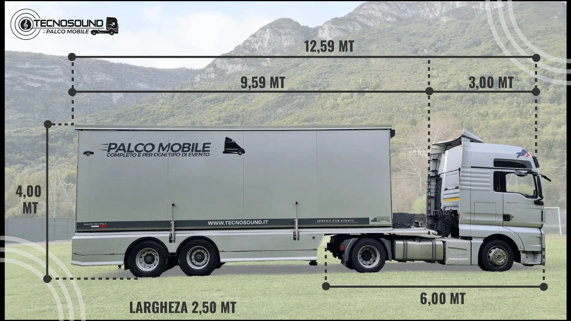 Dimensioni del palco mobile chiuso durante il trasporto
