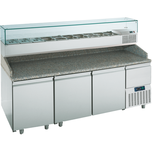 PTR216CN3N PREPARATION TABLE 3 DOORS -2° +8°C GLASS BACKSPLASH Dimensions: L: 217cm x P(W): 80cm x H: 145cm