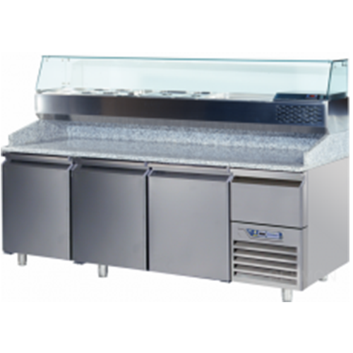 GPZ225A FOOD PREPARATION TABLE 3 DOORS 12 DRAWERS -2° +8°C GLASS BACKSPLASH Dimensions: L: 225cm x P(W): 80cm x H: 85cm