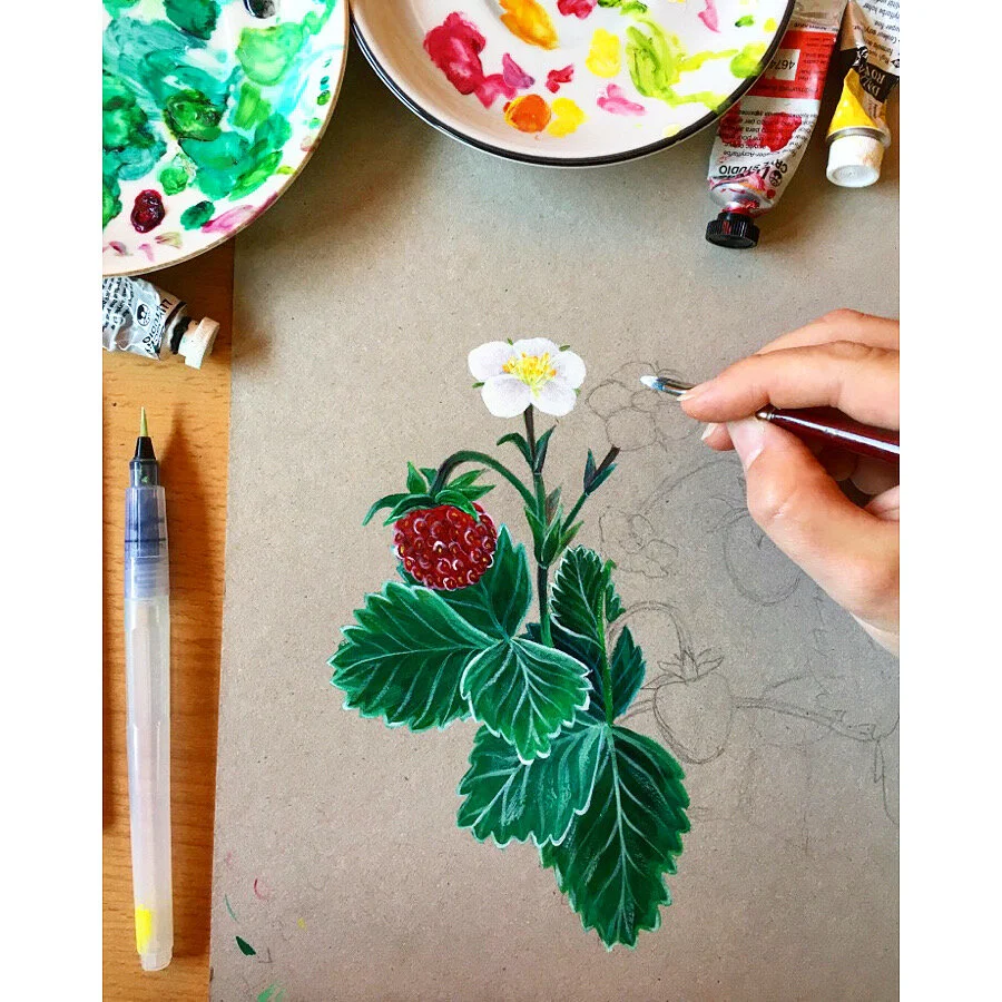 hand painted acrylic illustration of wild strawberries on grey board