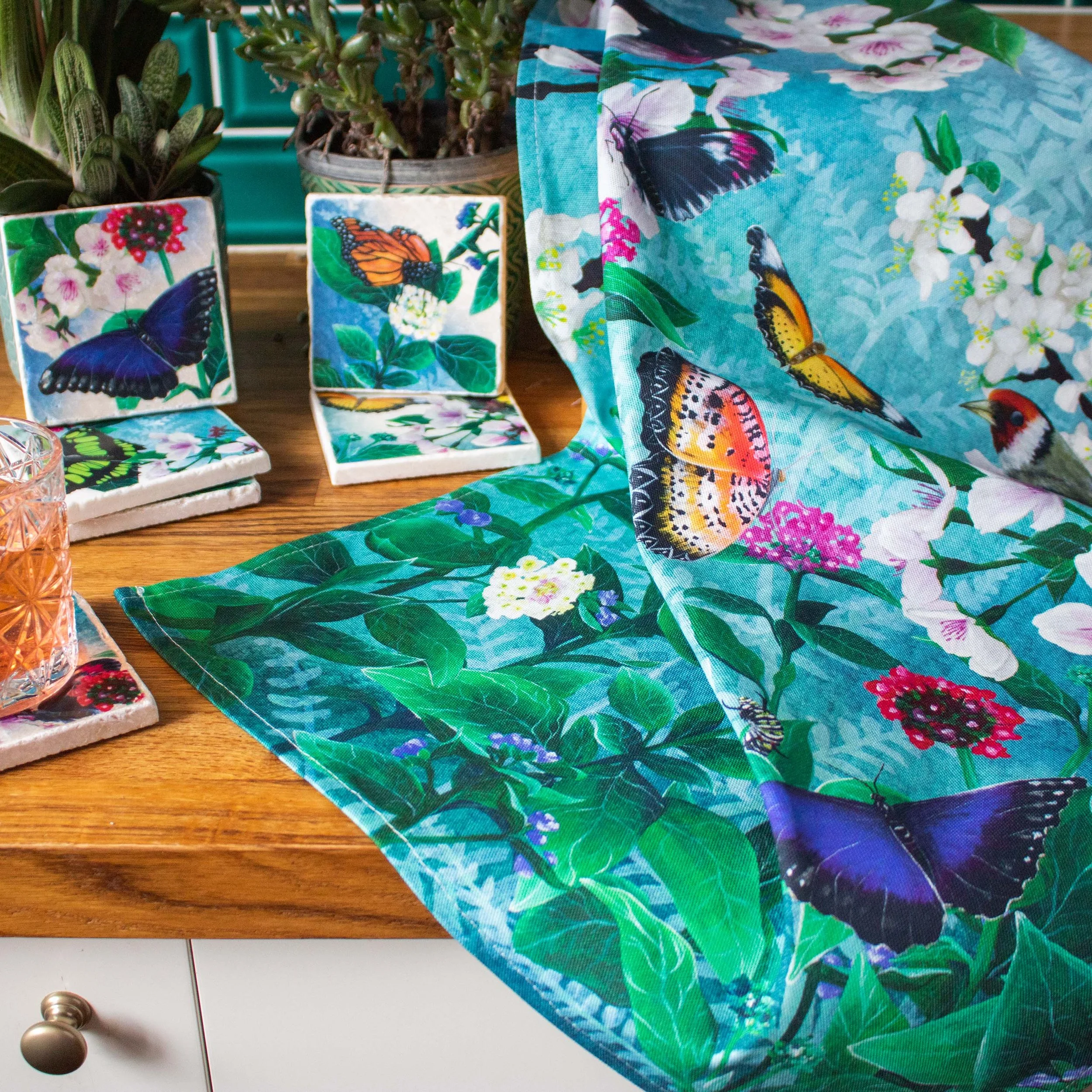 The Butterflies Beauty Tea Towel with matching marble coasters-02.jpg