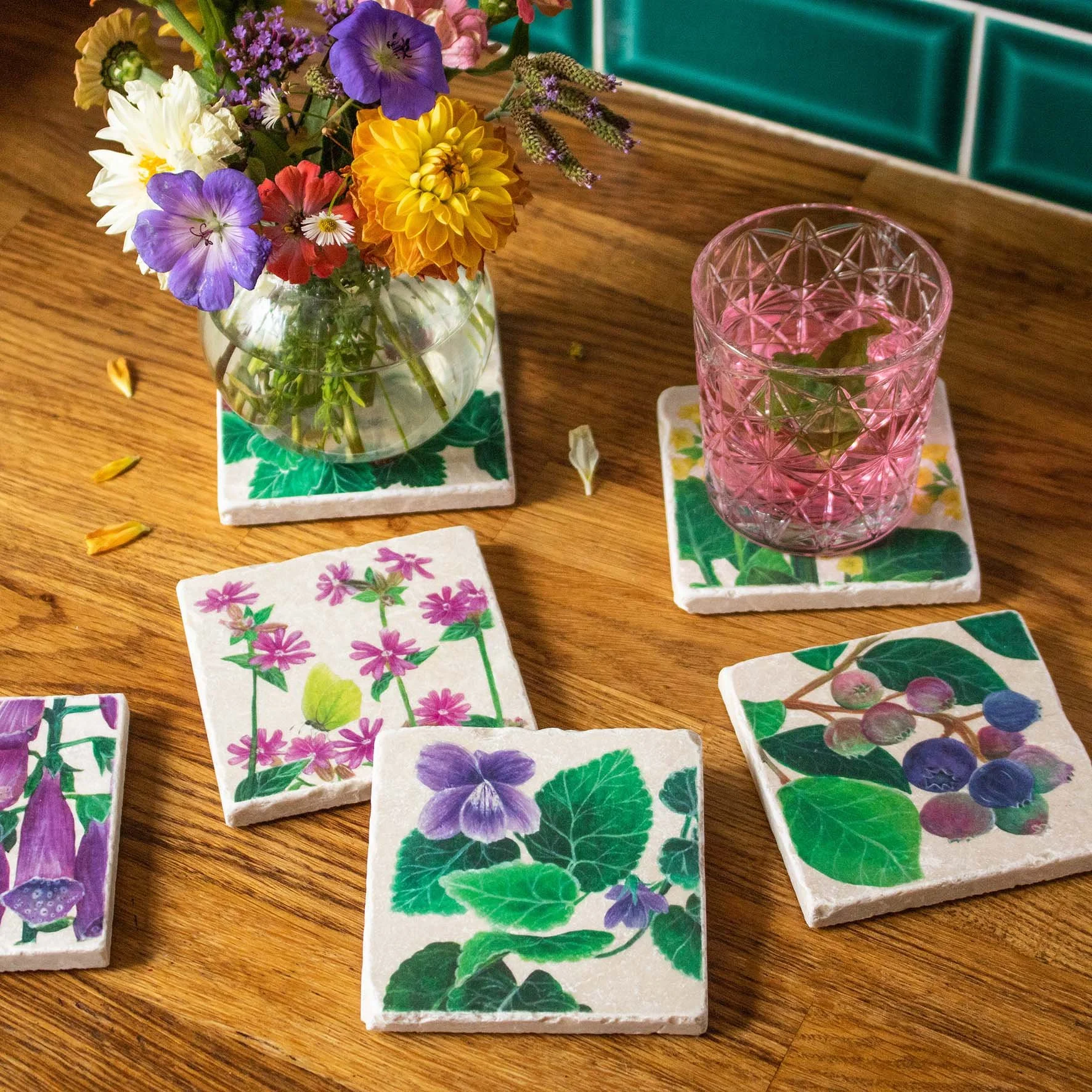 Sweet Violets Marble Coaster on wooden kitchen countertop-02.jpg