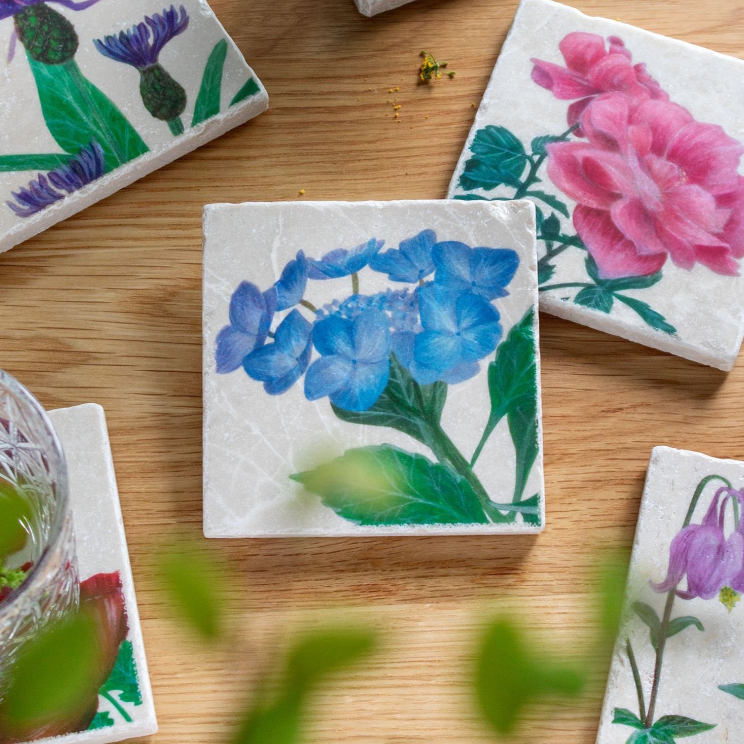 Garden+Coasters-on+wooden+table-hydrangea+focus.jpg