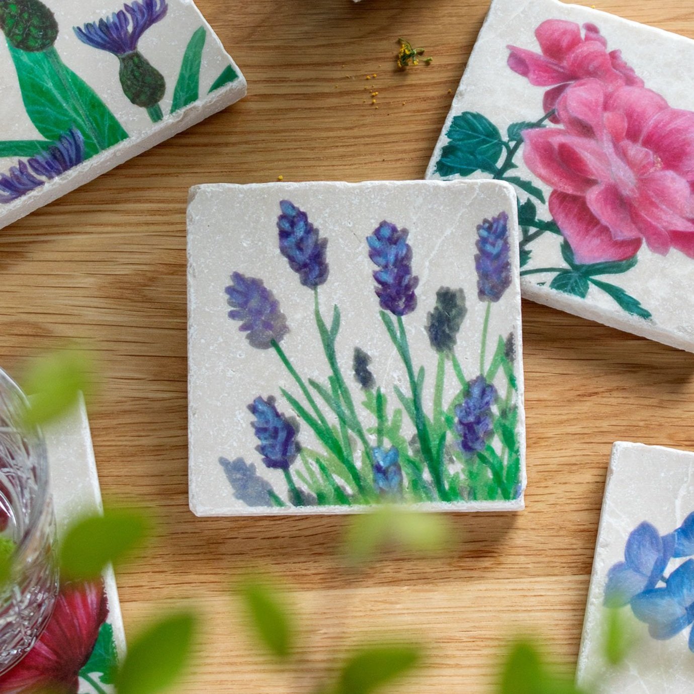 Garden+Coasters-on+wooden+table-lavender+focus.jpg