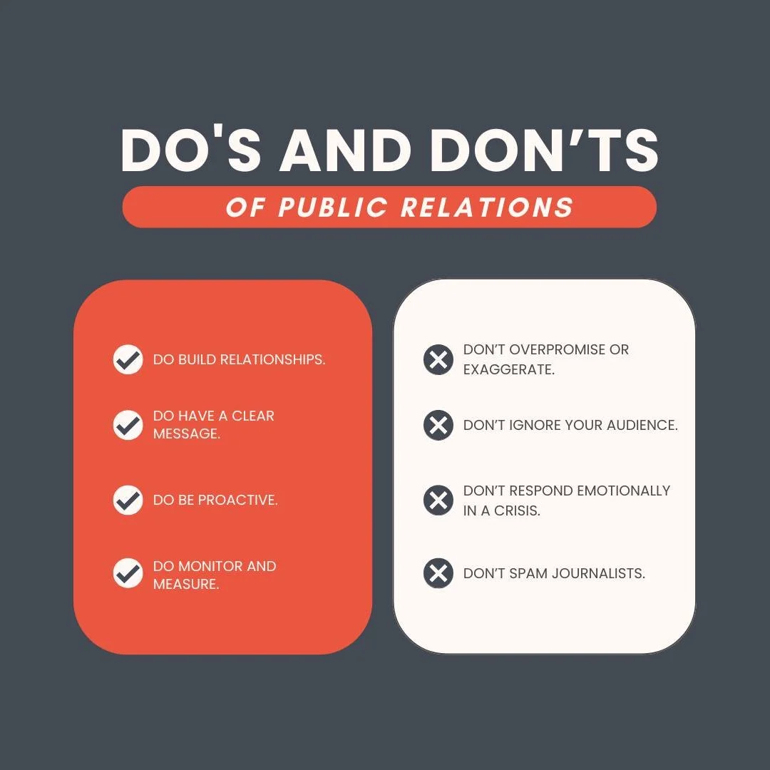 PR Dos ✅ Plan, connect, track. PR Don’ts ❌ Overpromise, ignore, spam. 
#PRTips #BrandWins