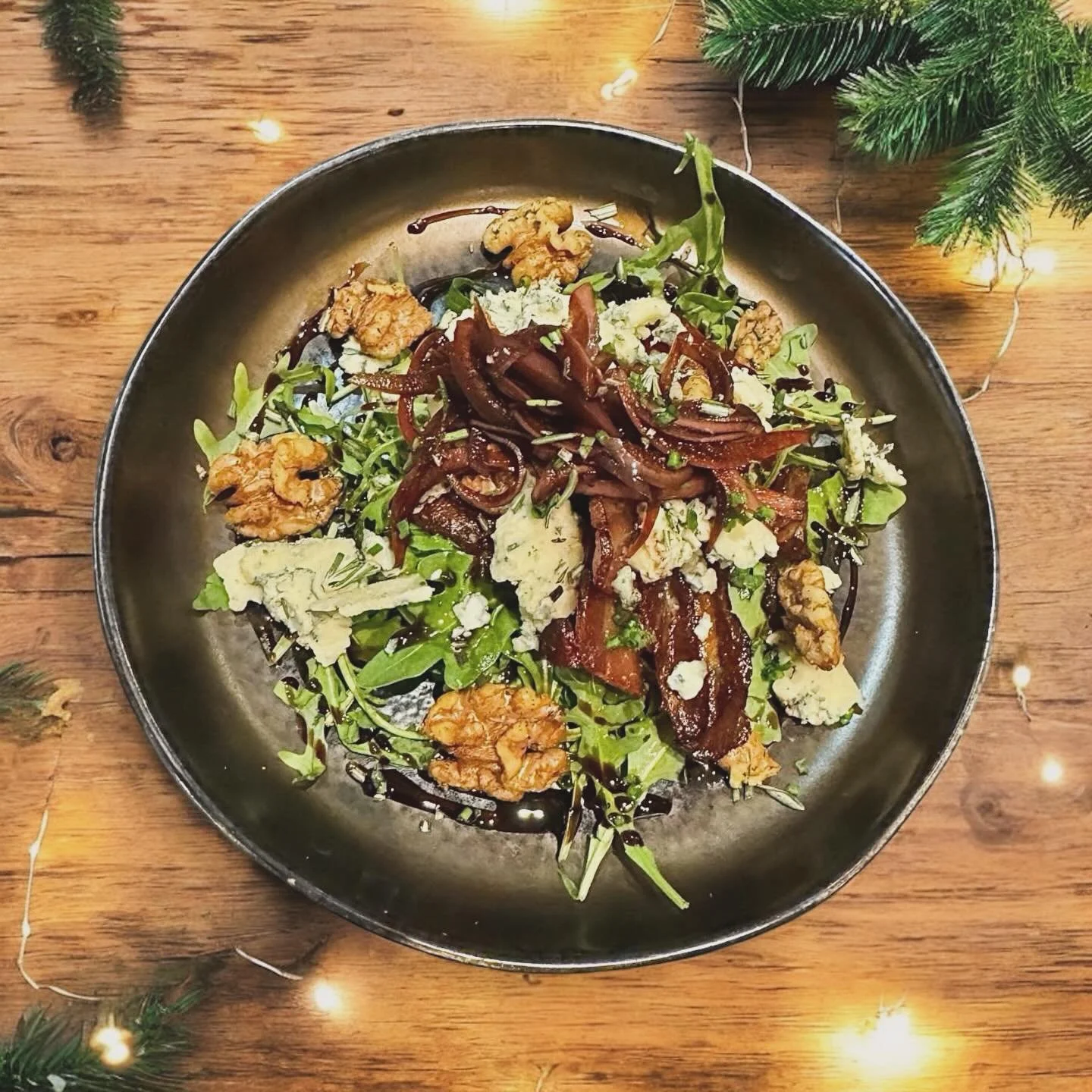 Christmas special: smoked maple bacon, Castello Blue Cheese and walnut salad, with wild rocket, balsamic onions, served with a balsamic and maple glaze @wafflehousenorwich