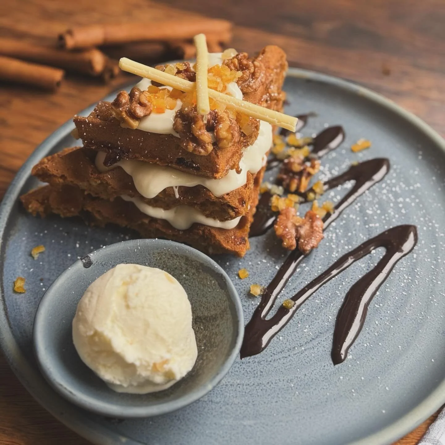 Christmas Menu: Carrot cake waffle with vanilla cream cheese icing, candied walnuts, honey &amp; stem ginger ice-cream @wafflehousenorwich

#carrotcake #foodporn #wafflehouse #wafflehousenorwich #norwichlanes visitnorwich sweettooth carrotcakerecipe 