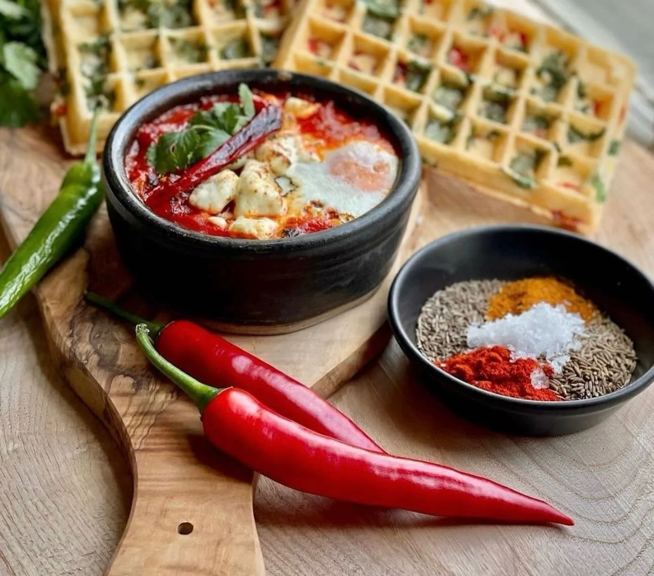 This weeks specials: Roasted tomato, sweet pepper, onion &amp; garlic shakshuka topped with a baked egg, fresh coriander &amp; chilli served with a Tunisian spiced sweet potato waffle @wafflehousenorwich