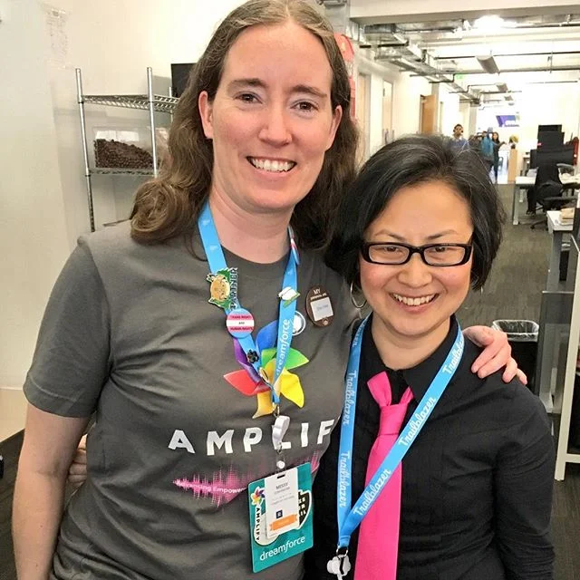 Left: Missy Longshore, member of the Girlforce Leadership Team Alumni, at Dreamforce 2017 ’ s Women in Tech Diversity Breakfast, wearing her new Amplify t-shirt; Right: Rachel, wearing one of her ties — which (surprisingly) coordinated perfectly with Missy ’ s shirt! :)