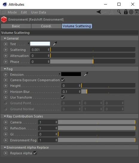 Attributes for a subtle amount of environment fog.