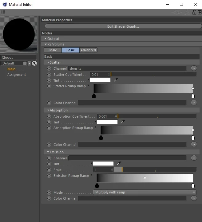 Volume material settings for a subtle cloud.