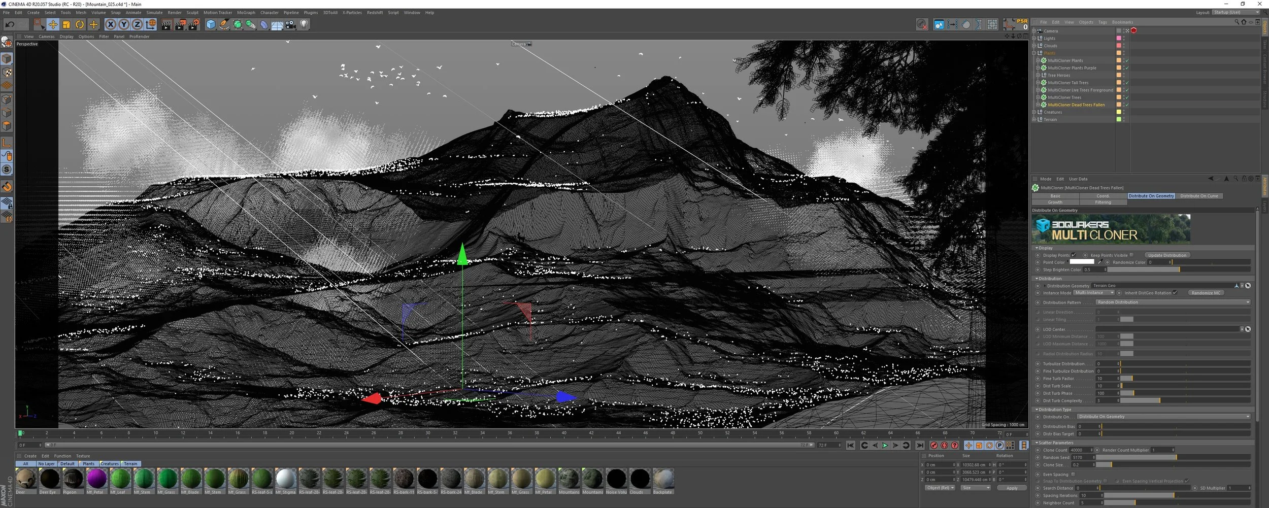 Screenshot of the MultiCloner in action, distributing trees on flat surfaces.