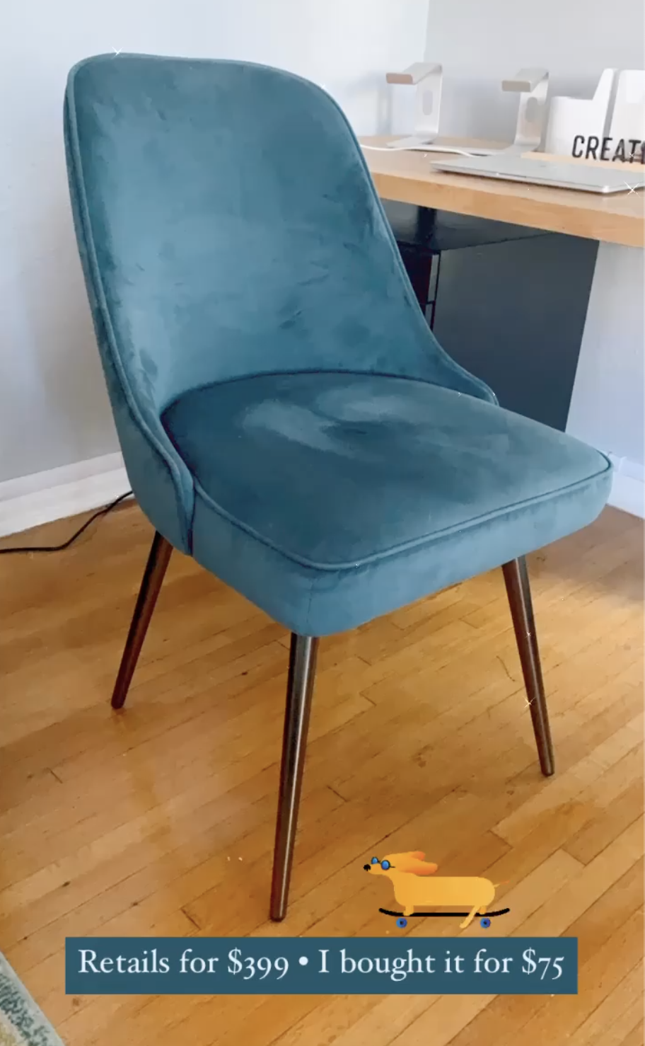 A west elm velvet chair for a home office