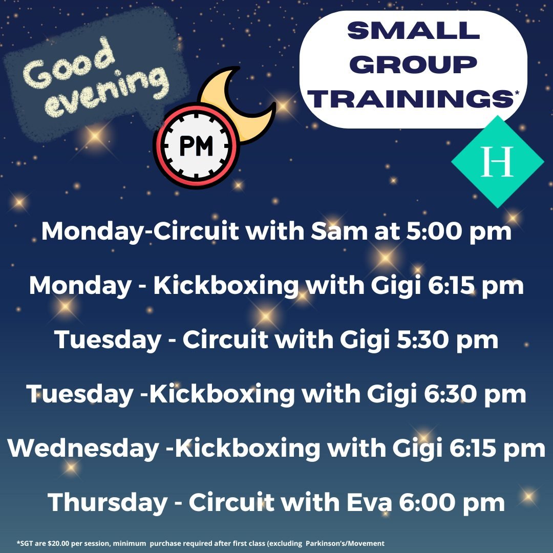EVENING SESSIONS

Are you looking for an affordable group training that fits your schedule? 💪💪

 Come join our evening SGT's that are for 3-10 people and are only $20.00 per class. You get the expertise of working with a personal trainer at an econ