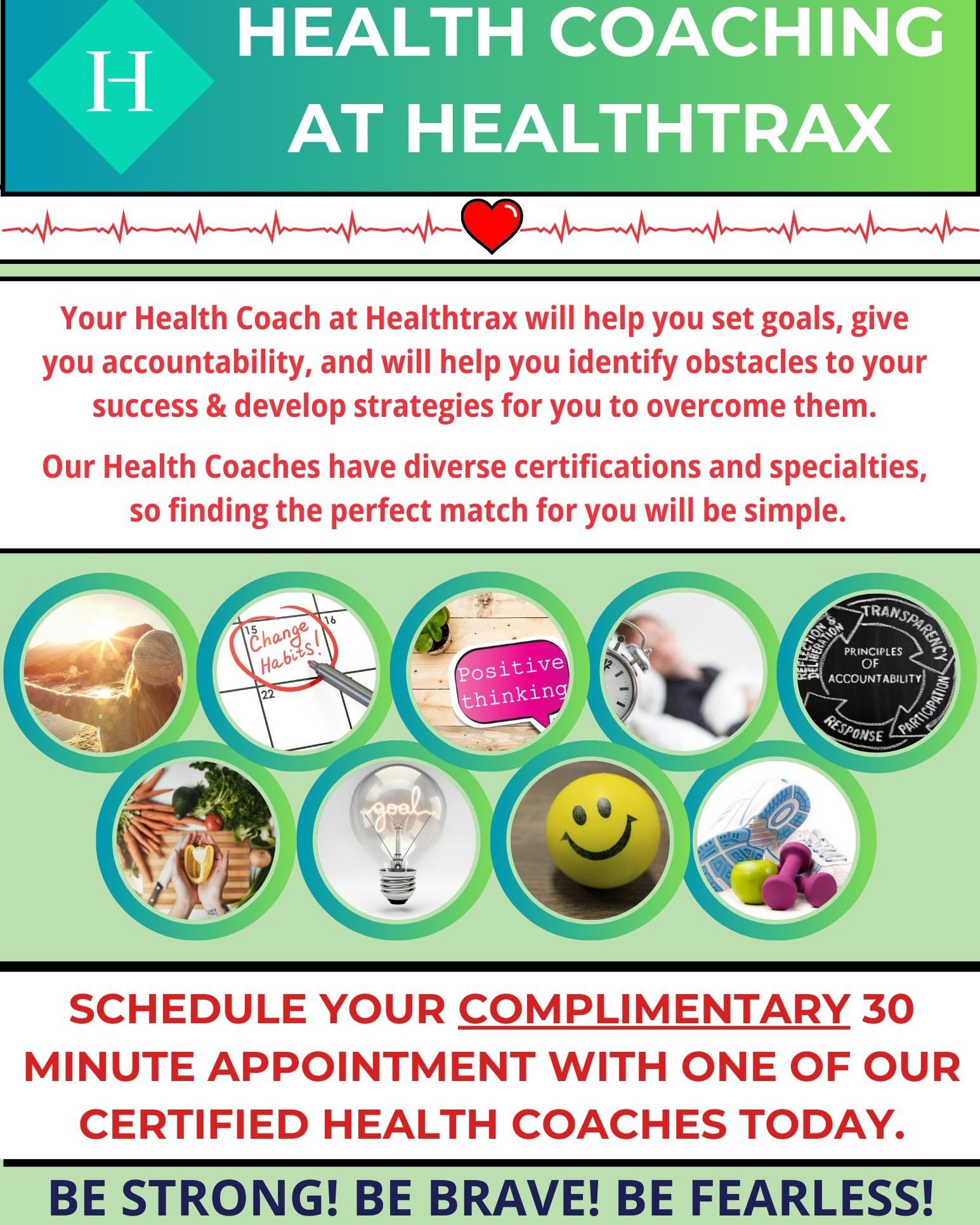 Let us help you reach your wellness goals!! 

Health coaching encompasses things such as helping you change habits, giving you accountability, navigating nutrition trends, best fitness program for you, stress relief practices, and so much more. 

Boo
