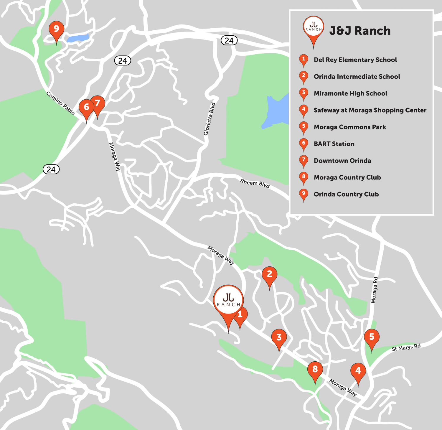 Map of attractions and points of interest in Orinda and Moraga, near J & J Ranch custom home development.