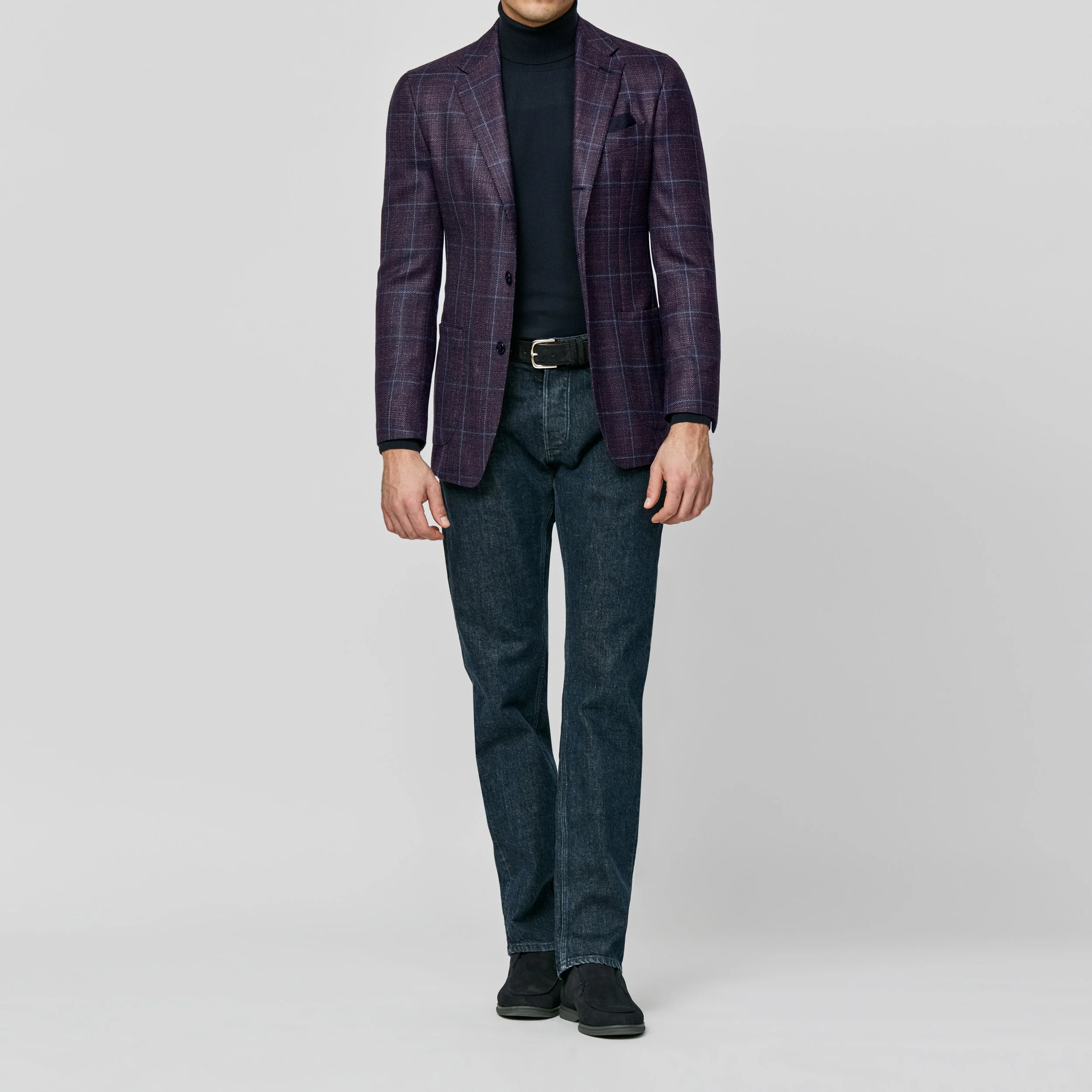 9172 Sport Coat - Indigo Blue-Plum Wool-Silk with Mixed Blue Glencheck