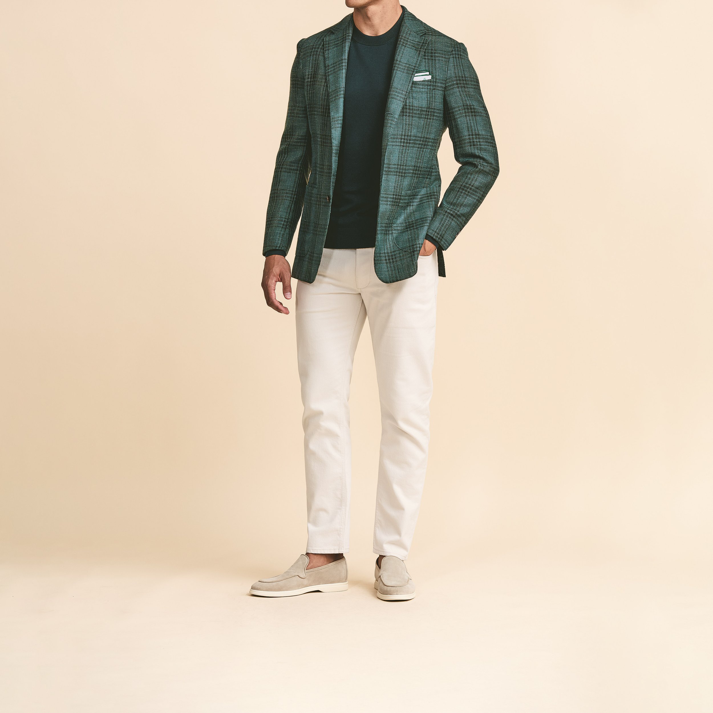 9121 Sport Coat - Bottle Green Wool-Silk-Linen w/ D.Green Overcheck