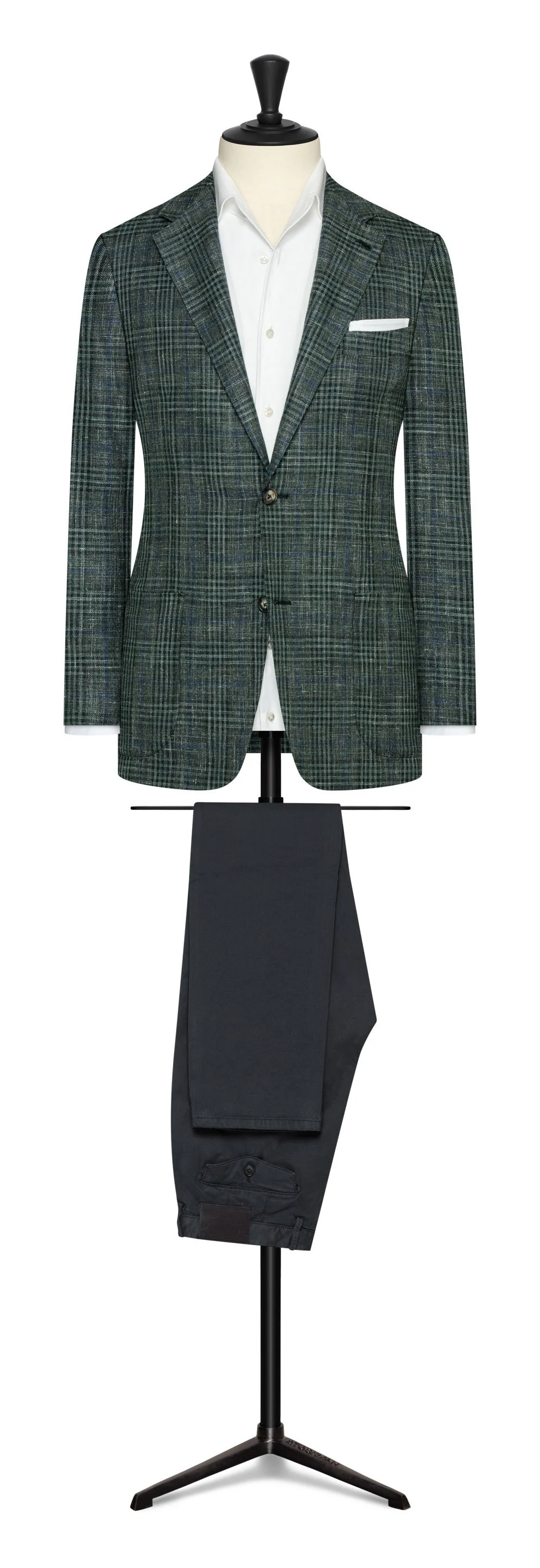 8980 Sport Coat - Green Stretch Wool-Silk-Linen Check w/ Blue Windowpane