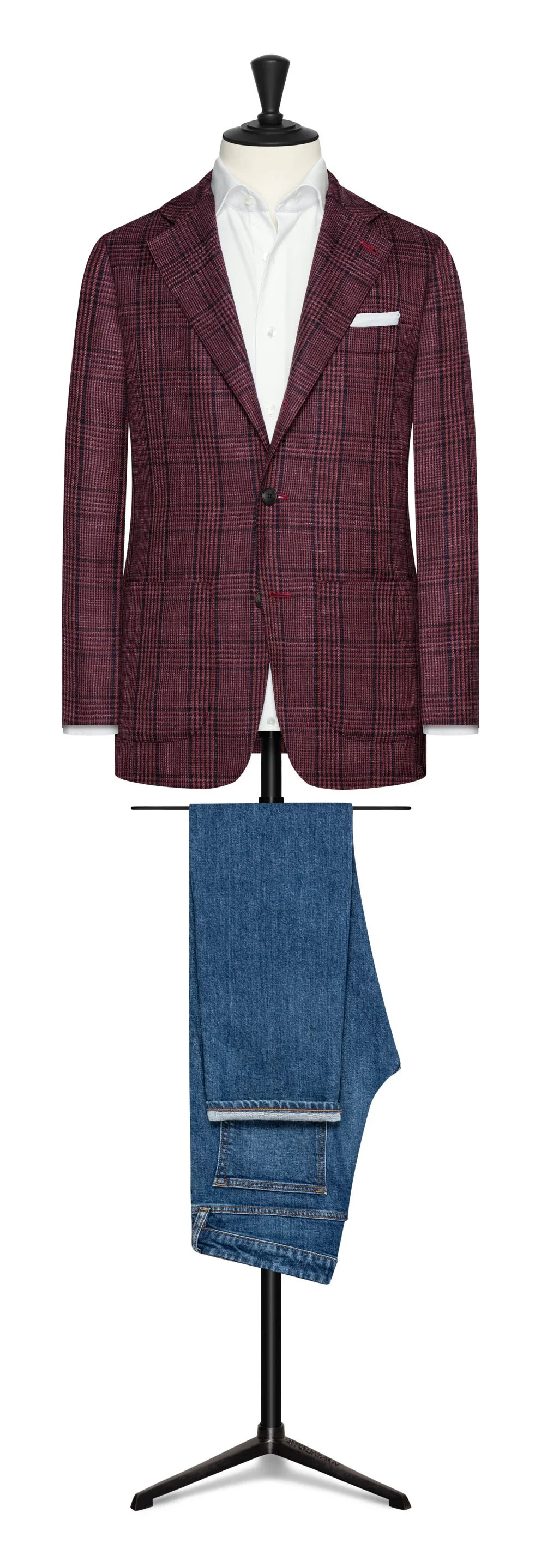 9001 Sport Coat - Burgundy Wool-Silk-Linen Glen Plaid w/ Black Overcheck