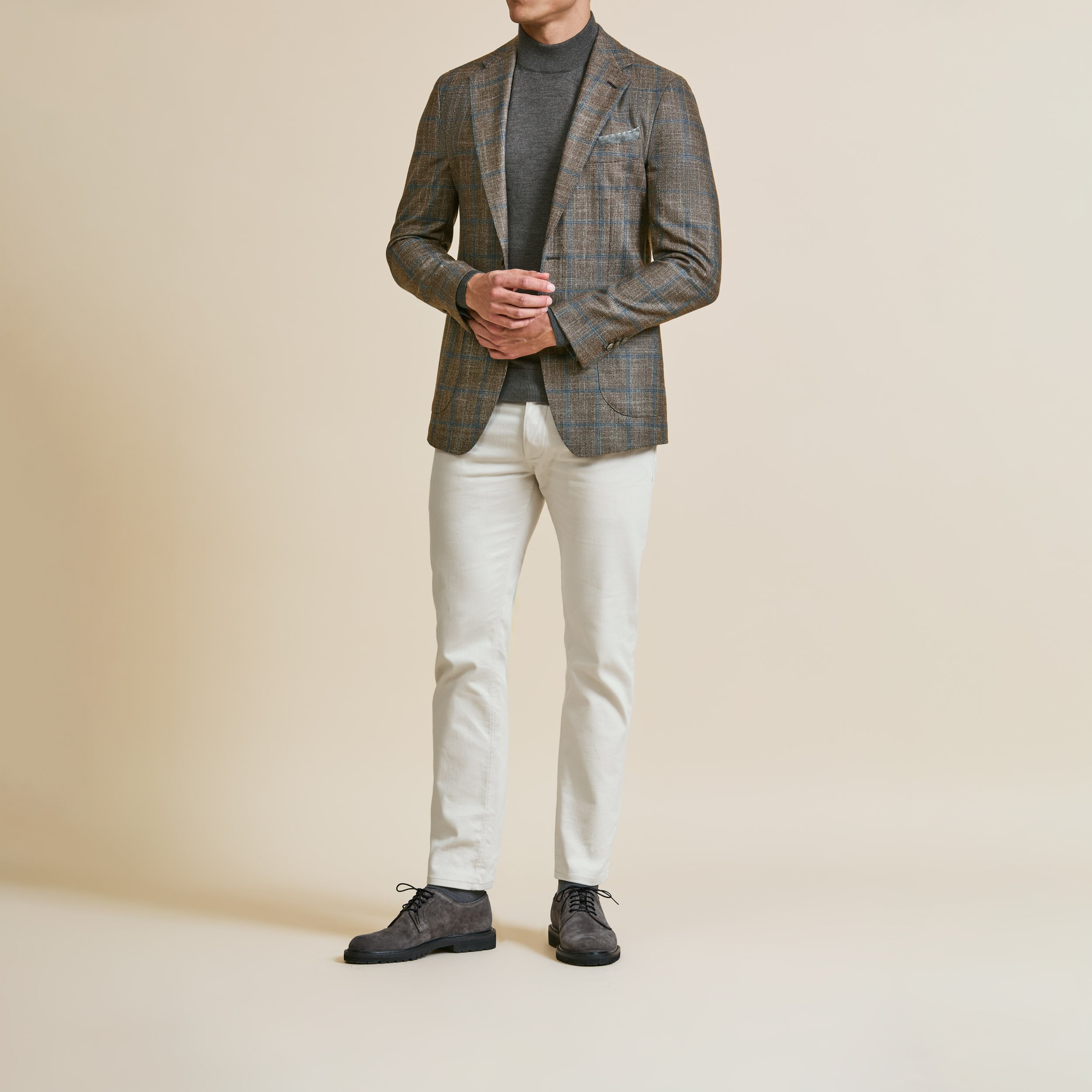 9060 Sport Coat - L.Brown Wool-Silk-Cashmere w/ Blue Double Windowpane