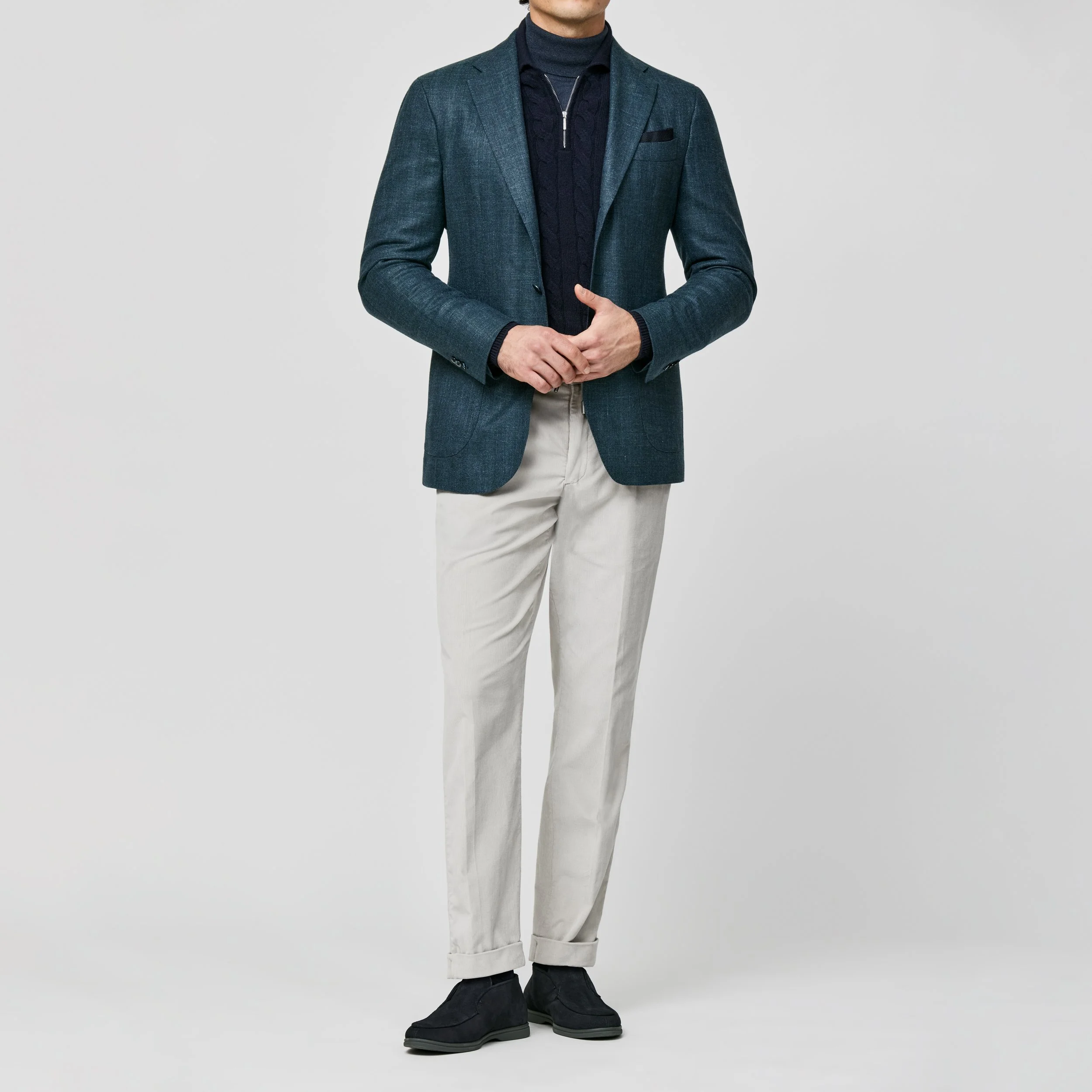 9163 Sport Coat - Petrol  Mélange Wool-Silk-Linen Subtle Herringbone