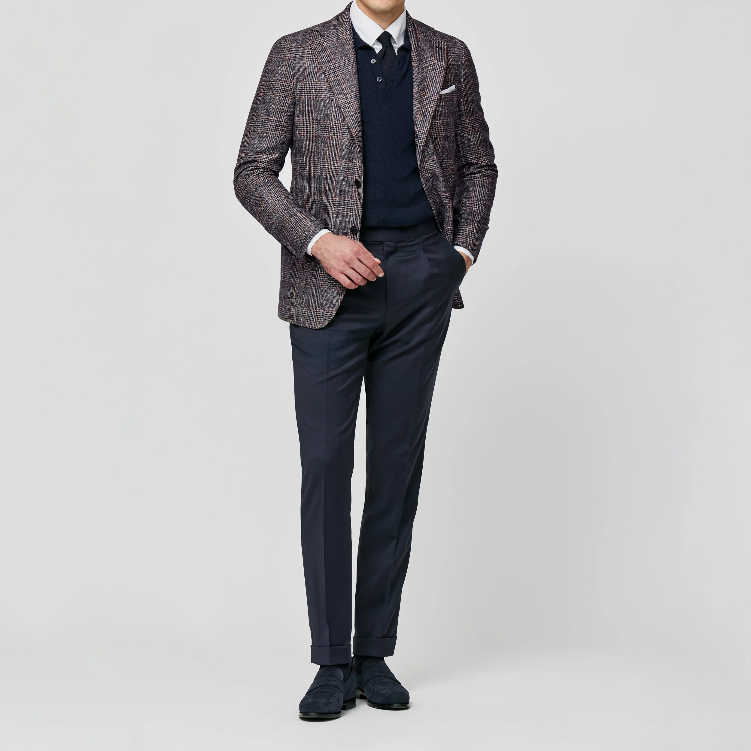 9162 Sport Coat - Blue-Sand Wool-Silk-Cashmere with Copper Glencheck